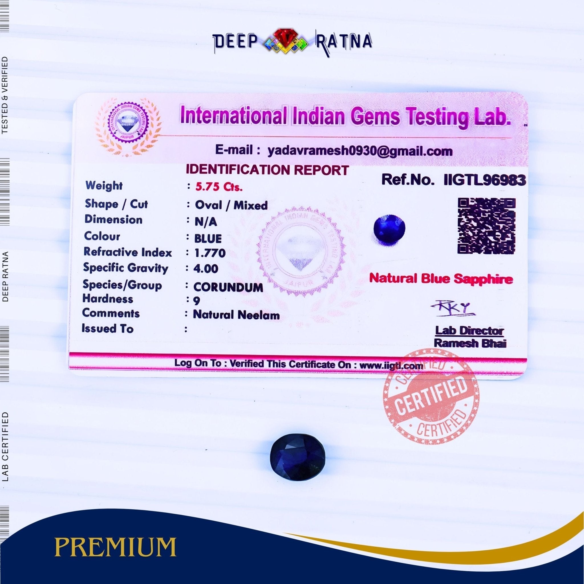 Blue Sapphire 5.75 Carat (Thailand) - Deep Ratna