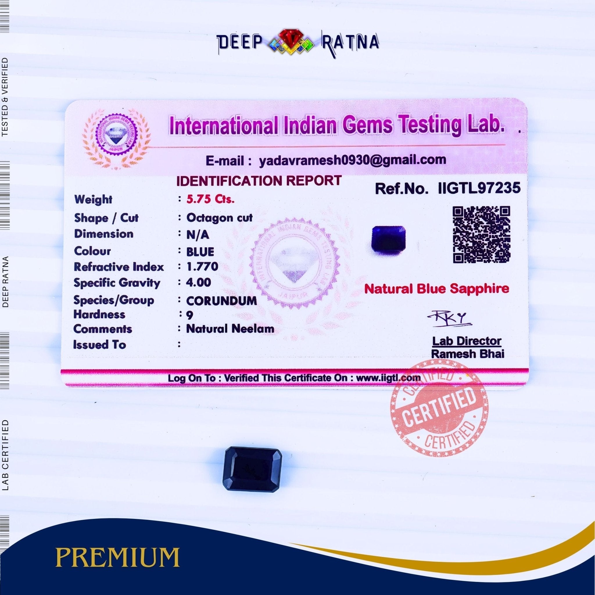 Blue Sapphire 5.75 Carat (Thailand) - Deep Ratna