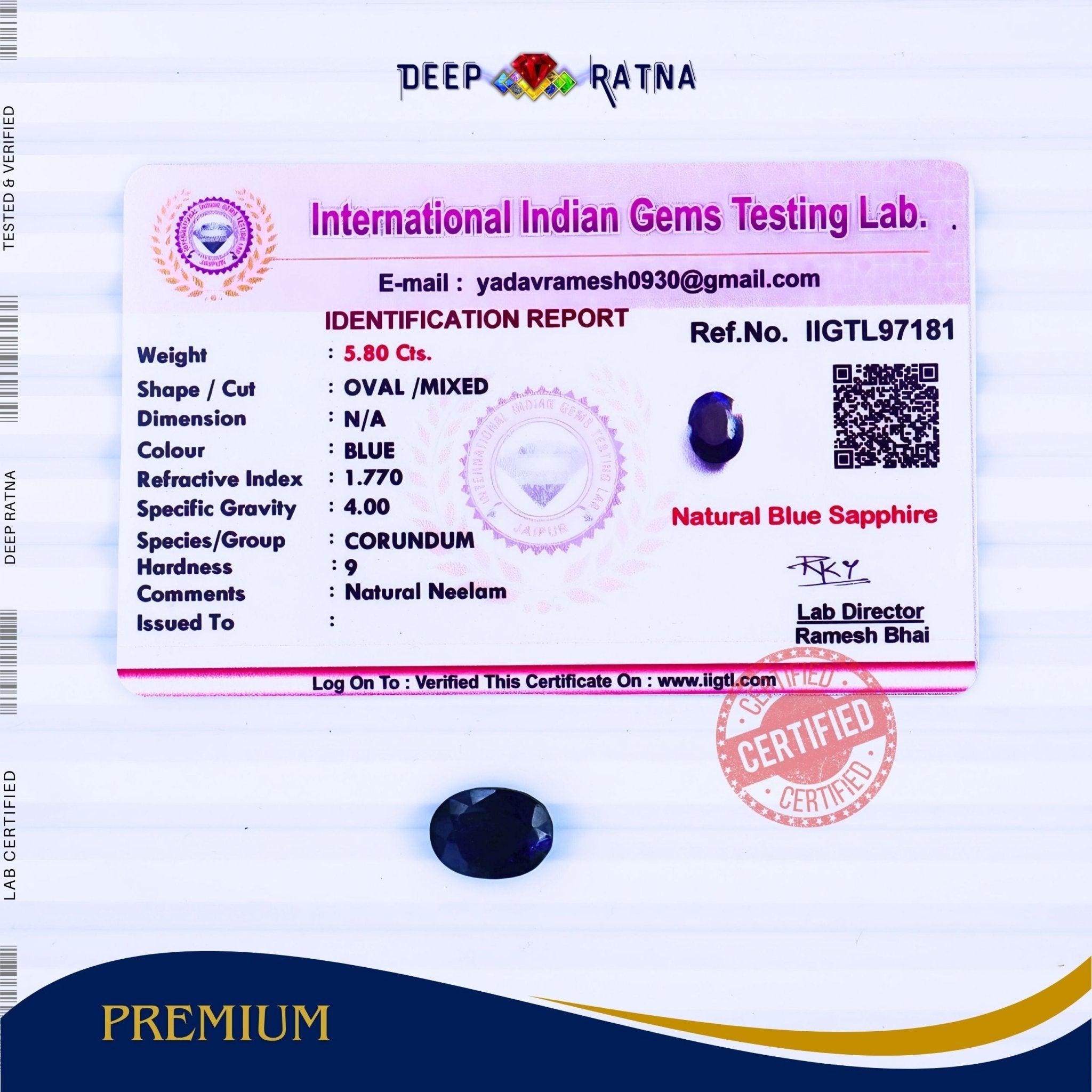 Blue Sapphire 5.8 Carat (Thailand) - Deep Ratna