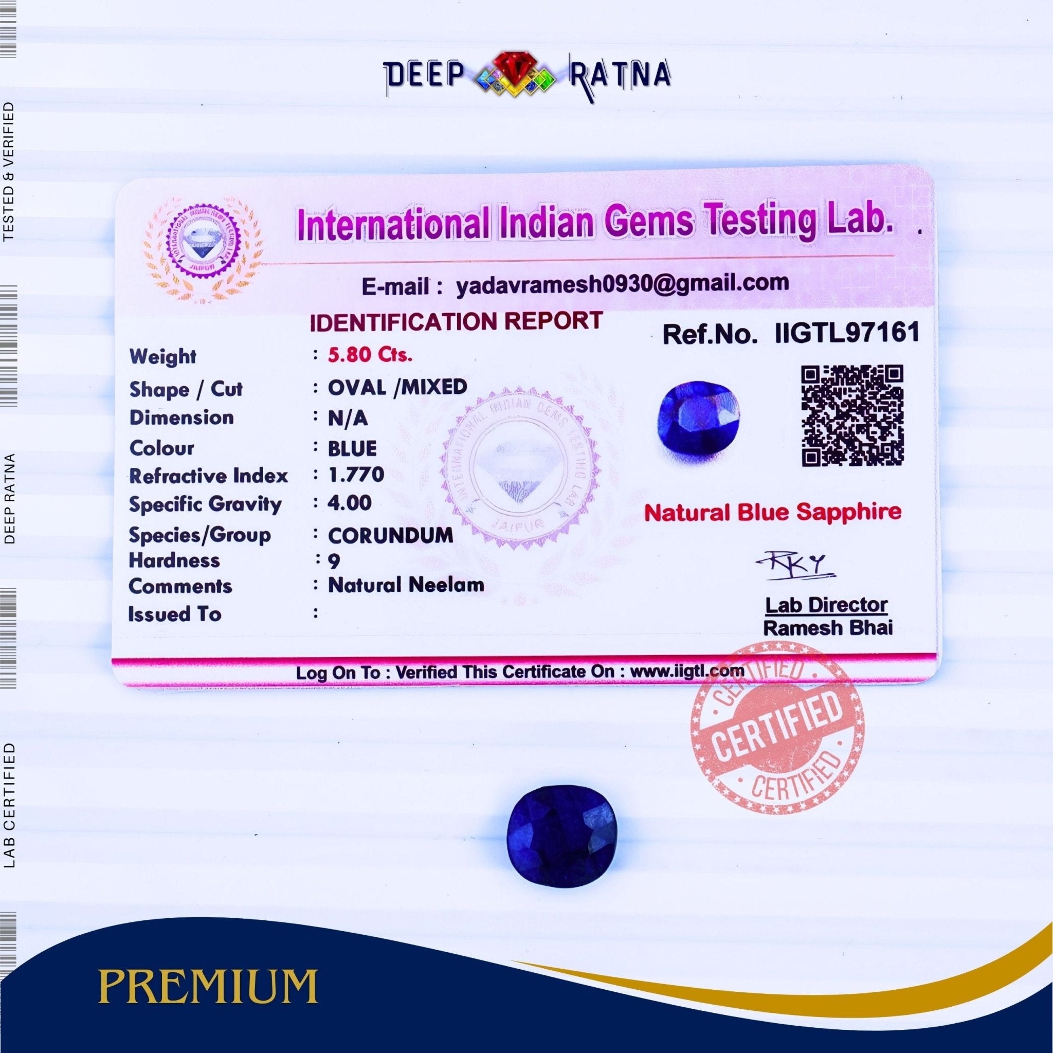 Blue Sapphire 5.80 Carat (Thailand) - Deep Ratna