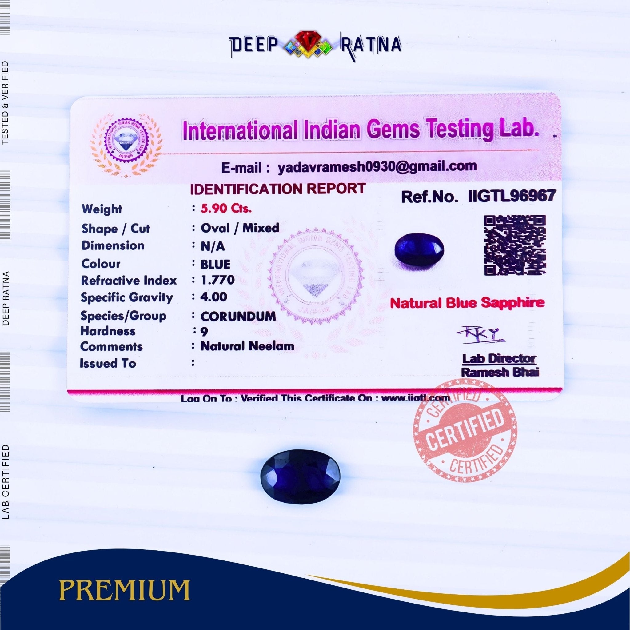 Blue Sapphire 5.90 Carat (Thailand) - Deep Ratna