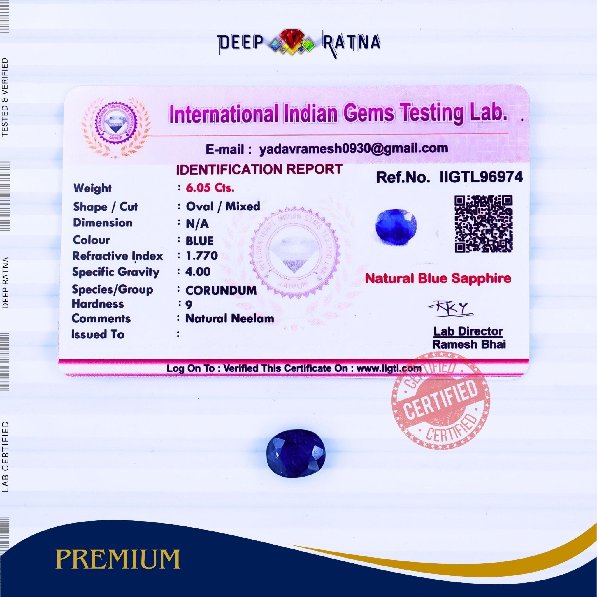 Blue Sapphire 6.05 Carat (Thailand) - Deep Ratna