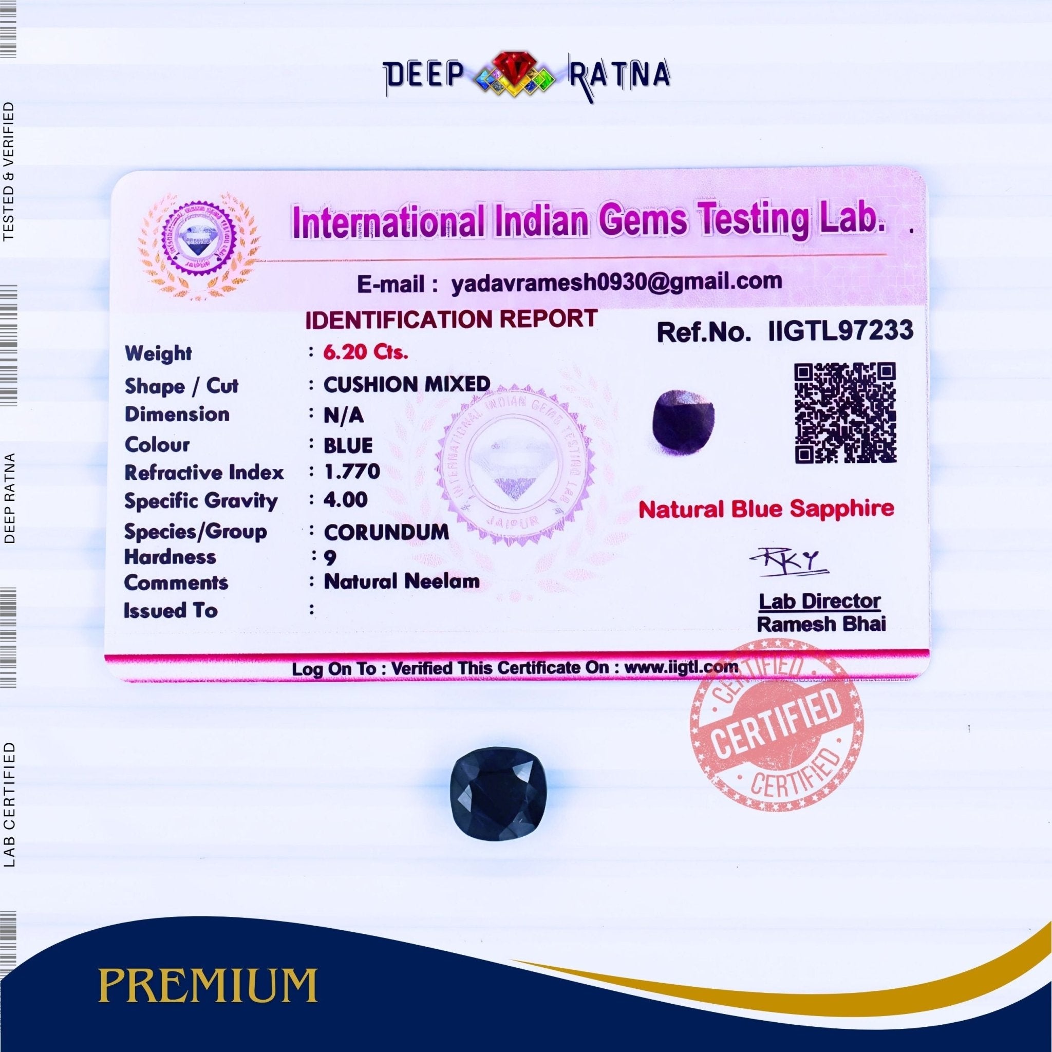 Blue Sapphire 6.20 Carat (Thailand) - Deep Ratna