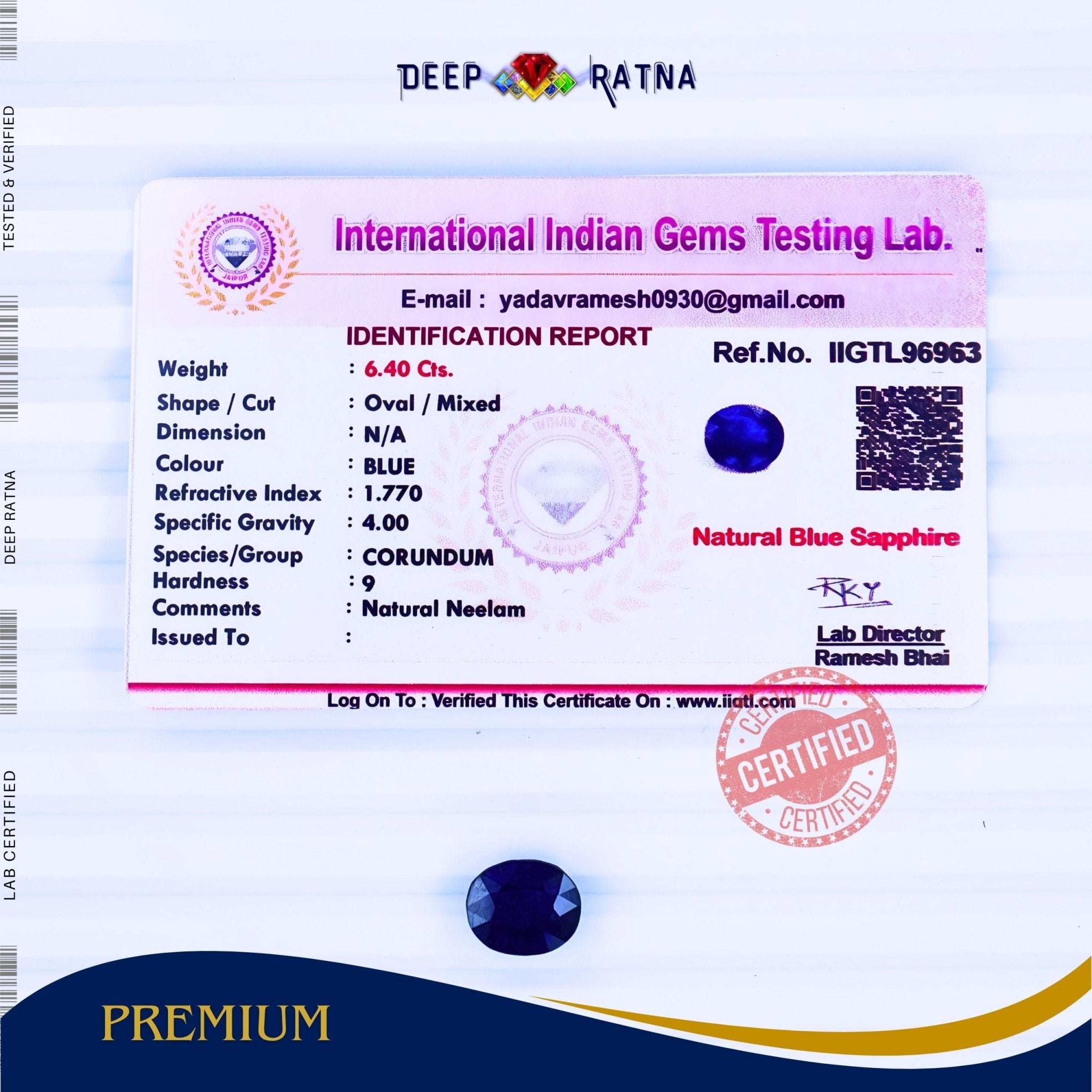 Blue Sapphire 6.40 Carat (Thailand) - Deep Ratna