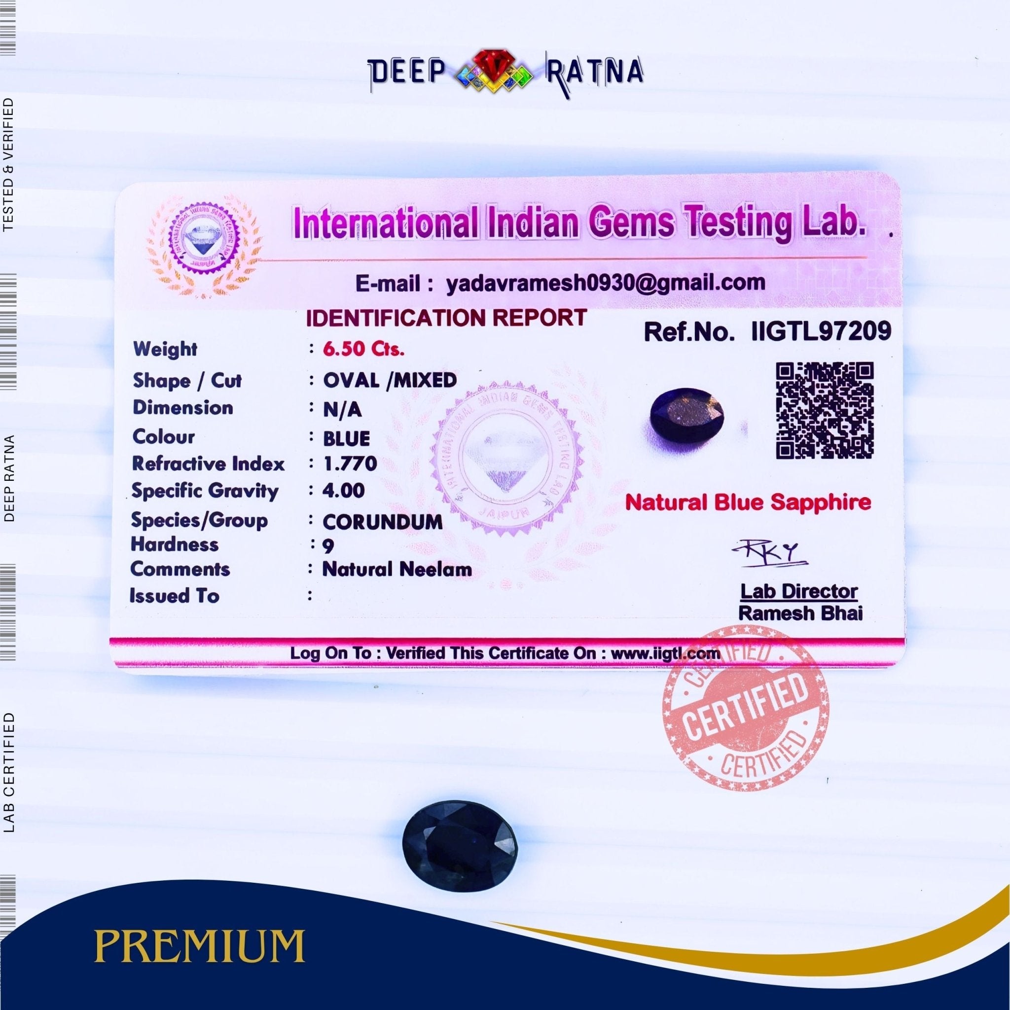 Blue Sapphire 6.50 Carat (Thailand) - Deep Ratna