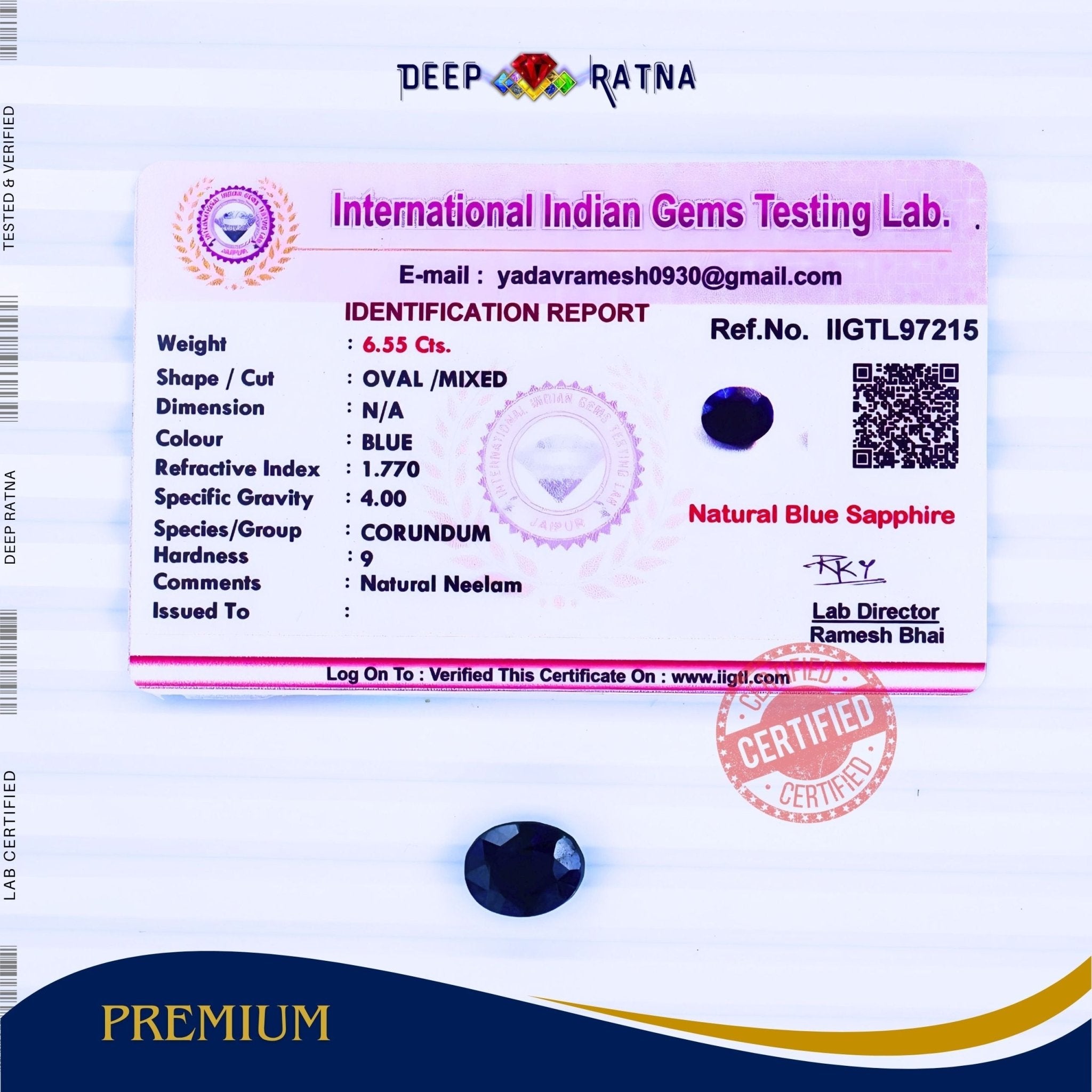 Blue Sapphire 6.55 Carat (Thailand) - Deep Ratna