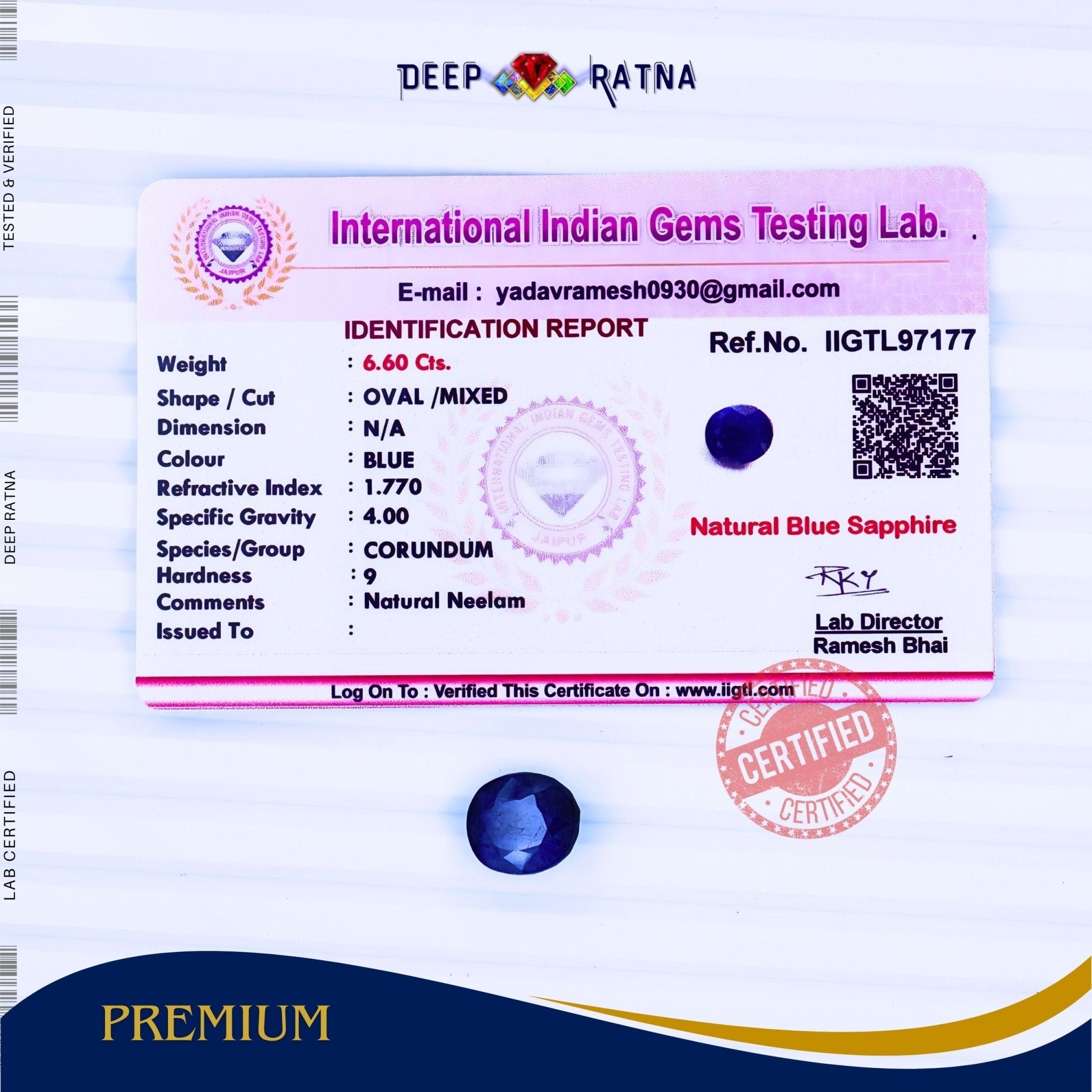 Blue Sapphire 6.60 Carat (Thailand) - Deep Ratna