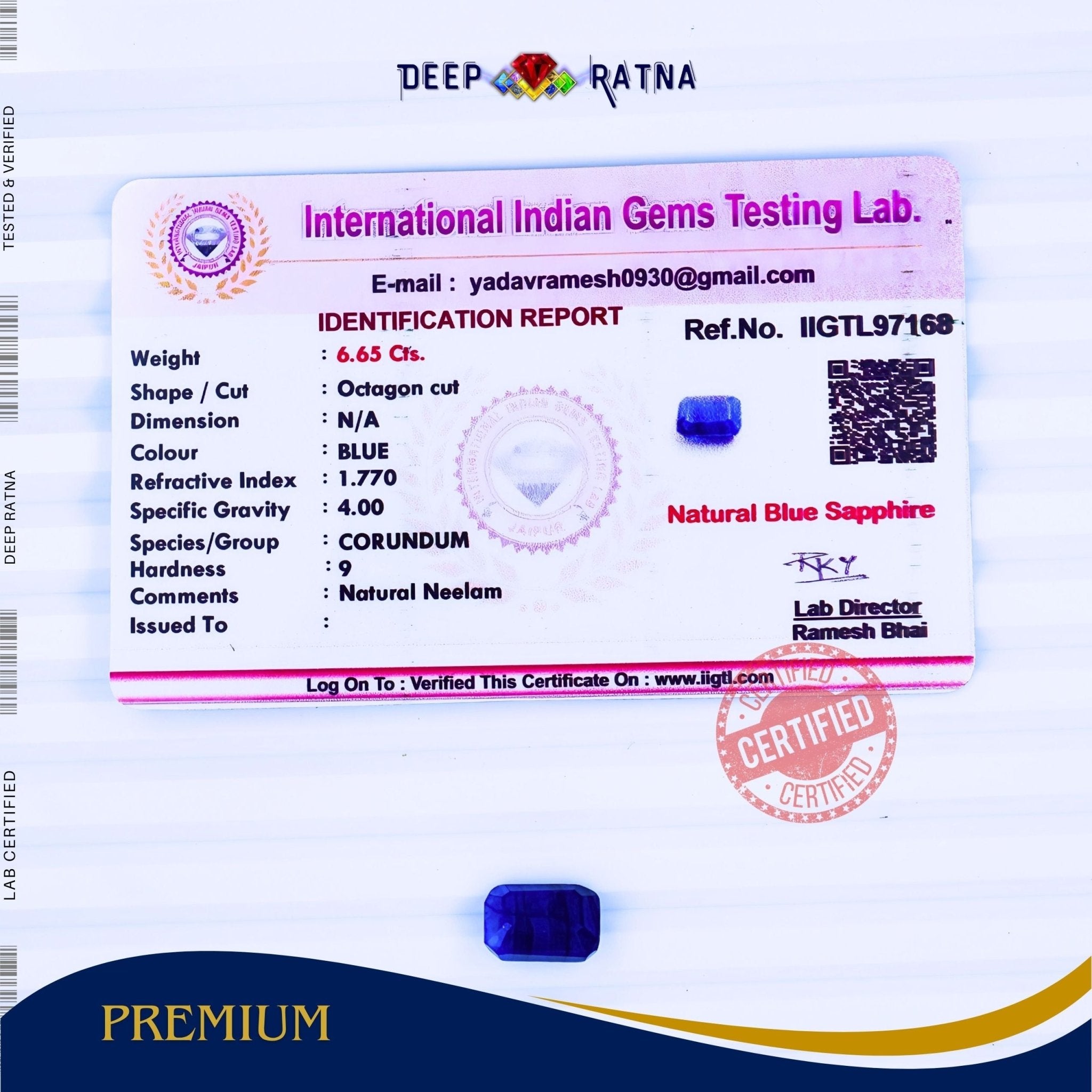Blue Sapphire 6.65 Carat (Thailand) - Deep Ratna