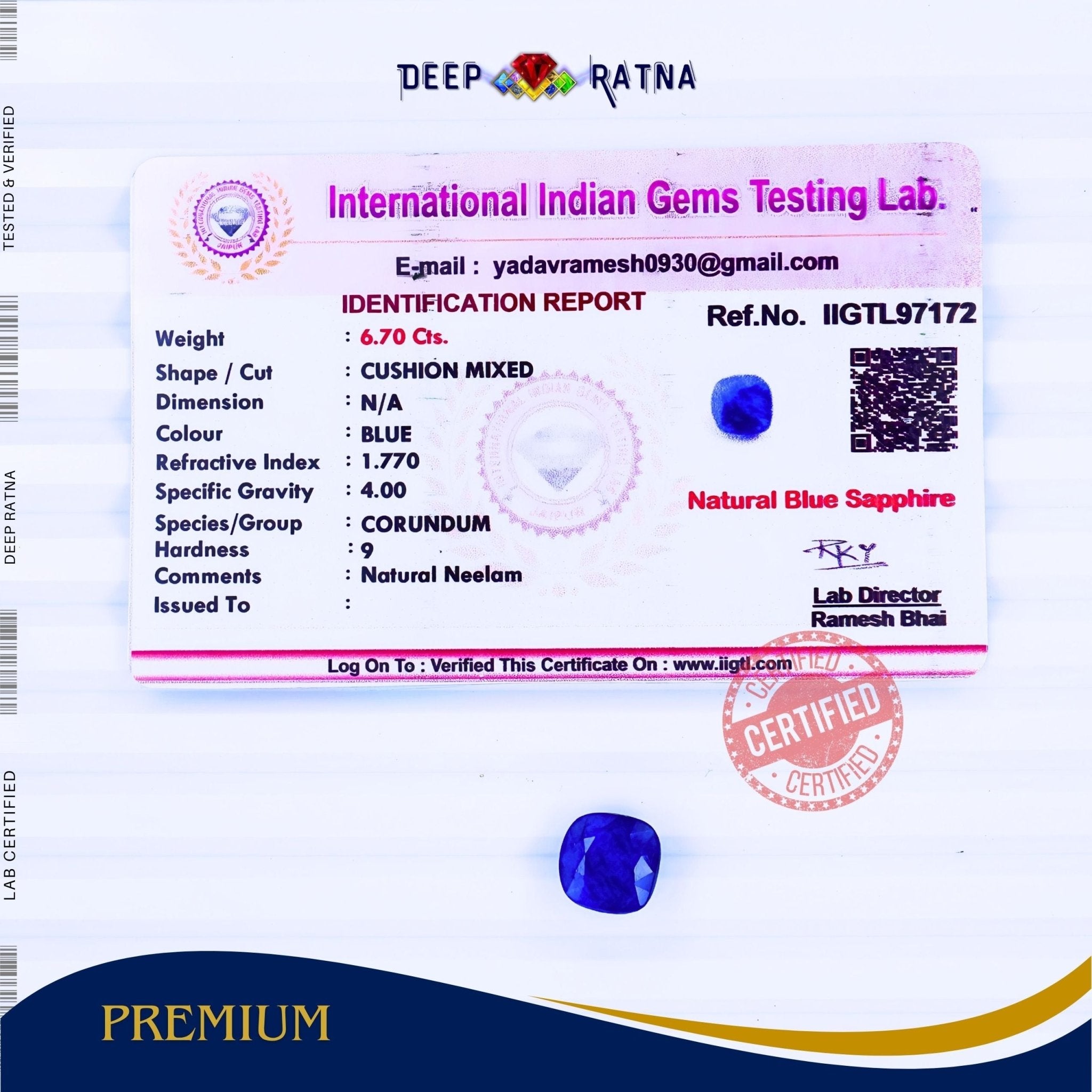 Blue Sapphire 6.70 Carat (Thailand) - Deep Ratna