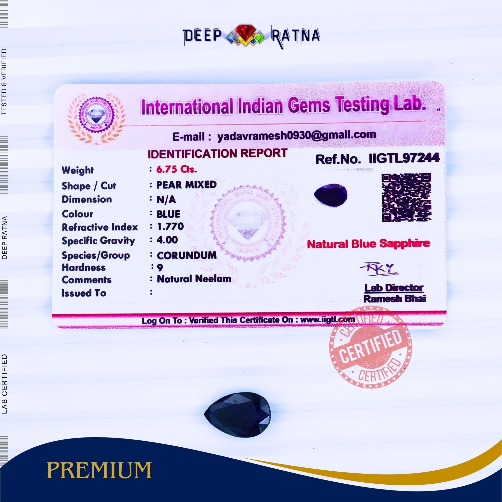 Blue Sapphire 6.75 Carat (Thailand) - Deep Ratna