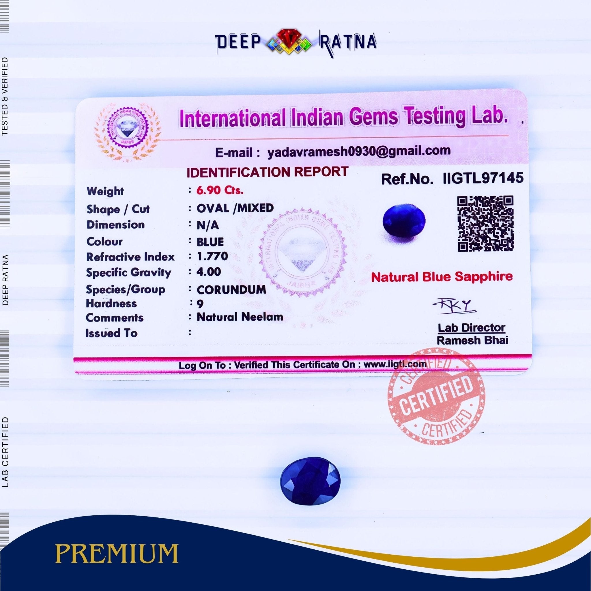 Blue Sapphire 6.90 Carat (Thailand) - Deep Ratna