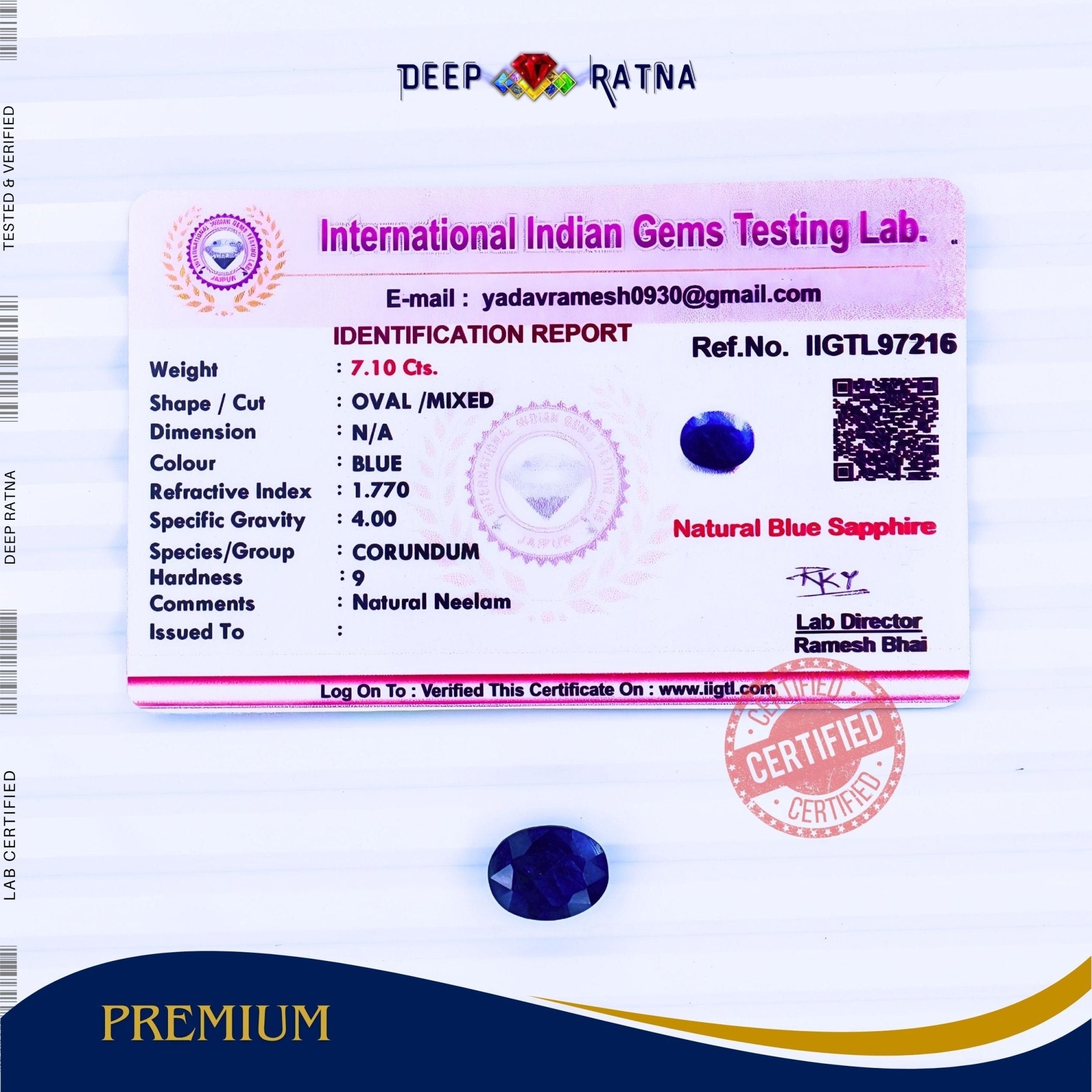 Blue Sapphire 7.10 Carat (Thailand) - Deep Ratna