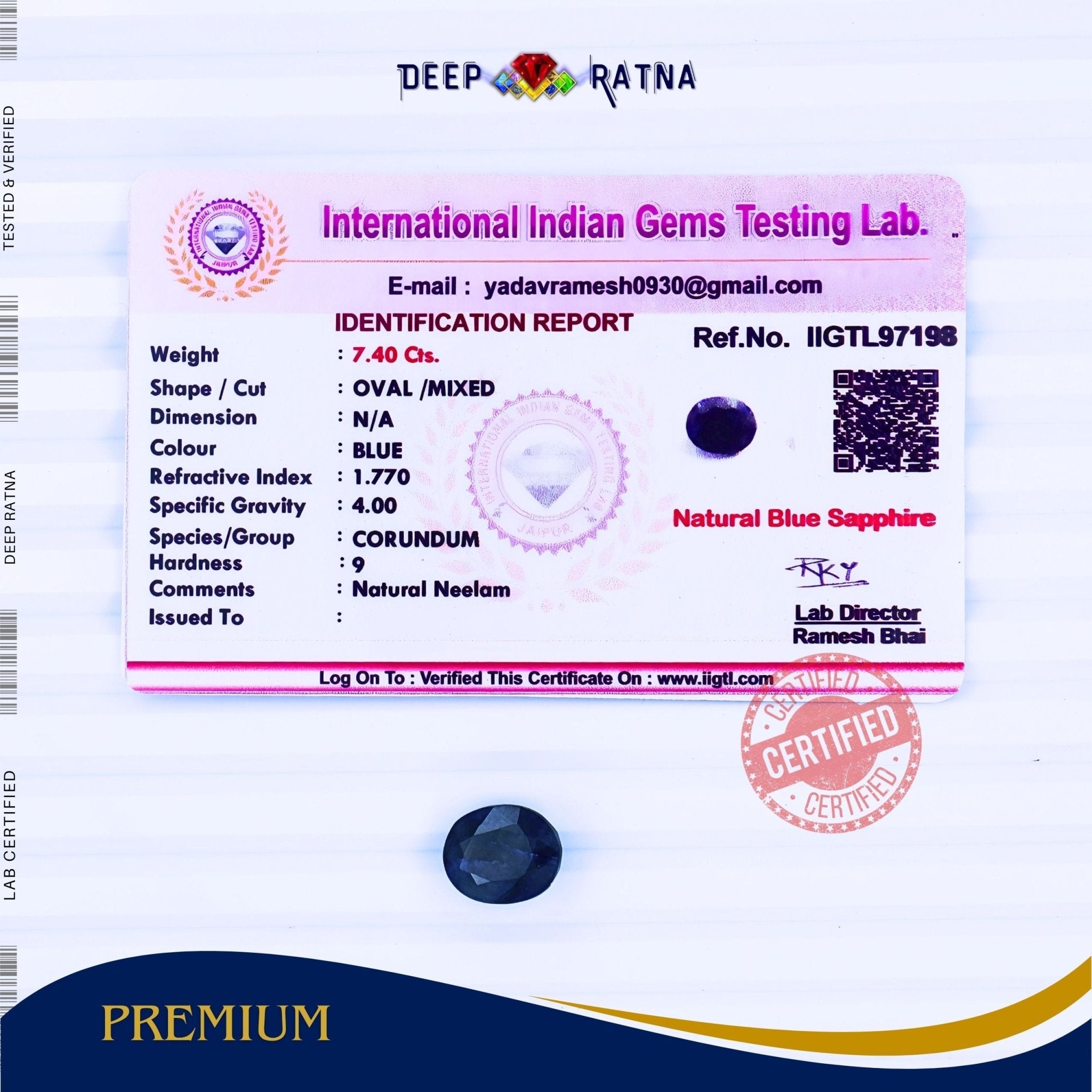 Blue Sapphire 7.40 Carat (Thailand) - Deep Ratna