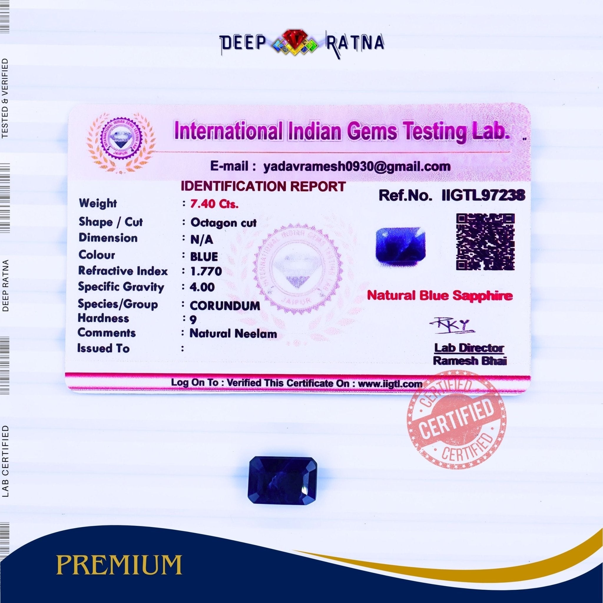 Blue Sapphire 7.40 Carat (Thailand) - Deep Ratna