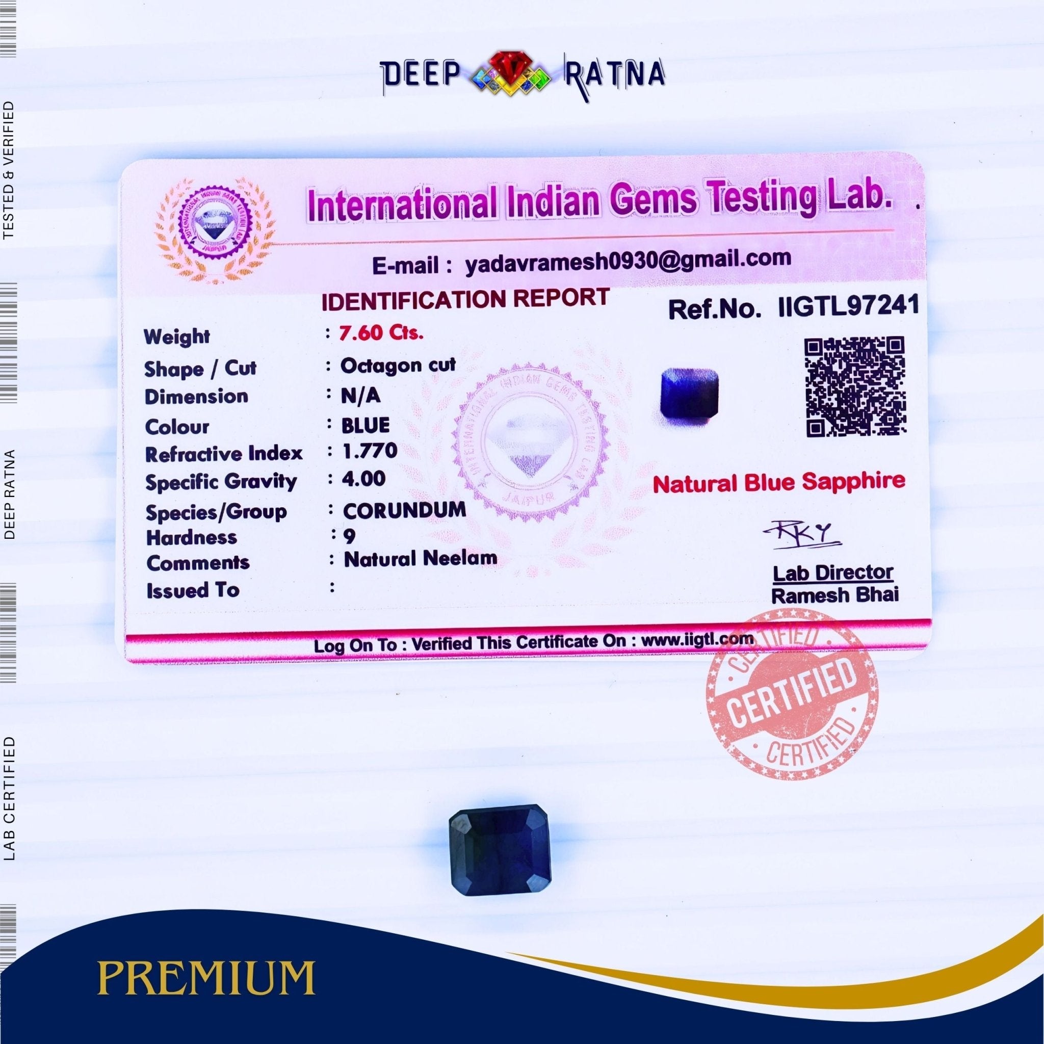 Blue Sapphire 7.60 Carat (Thailand) - Deep Ratna