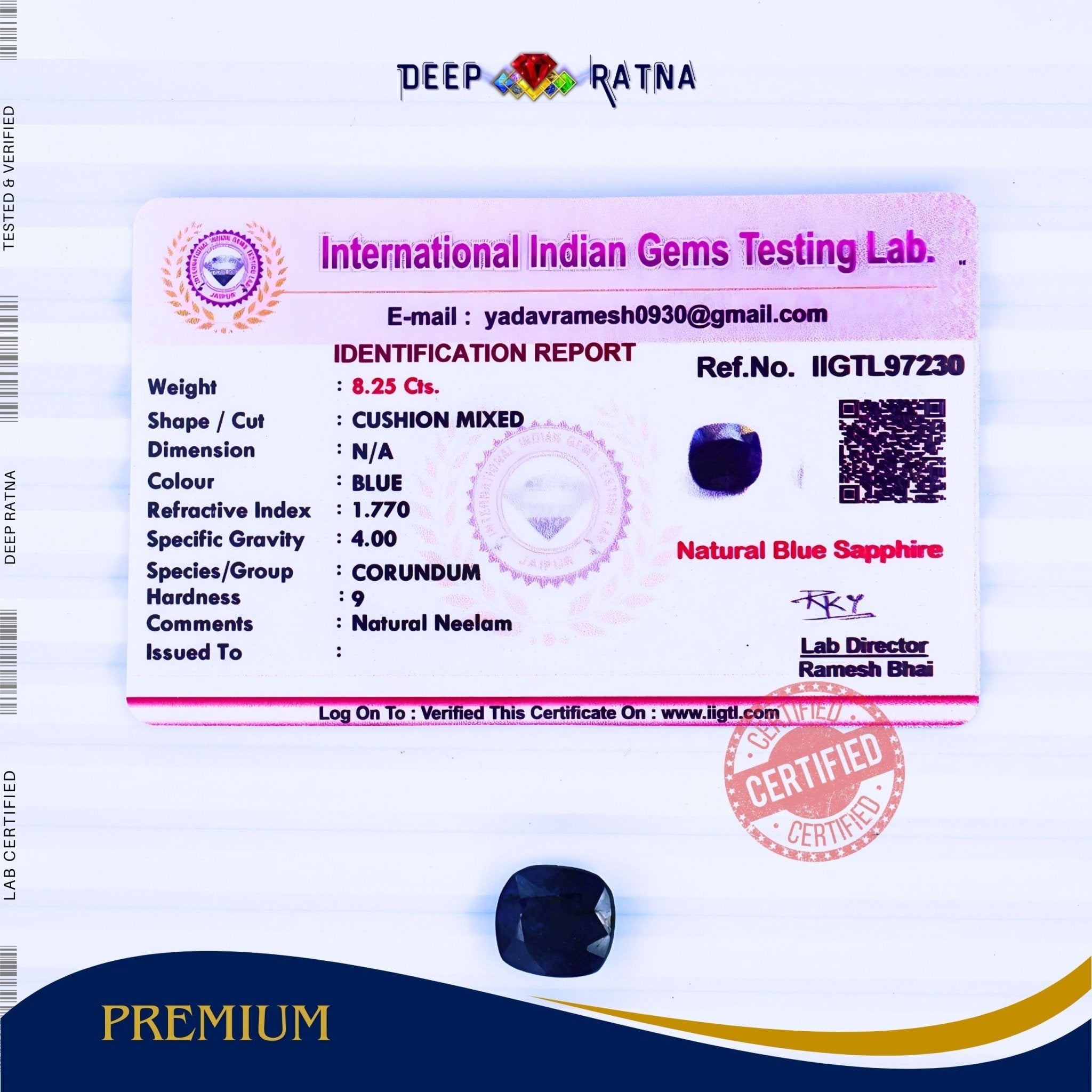 Blue Sapphire 8.25 Carat (Thailand) - Deep Ratna