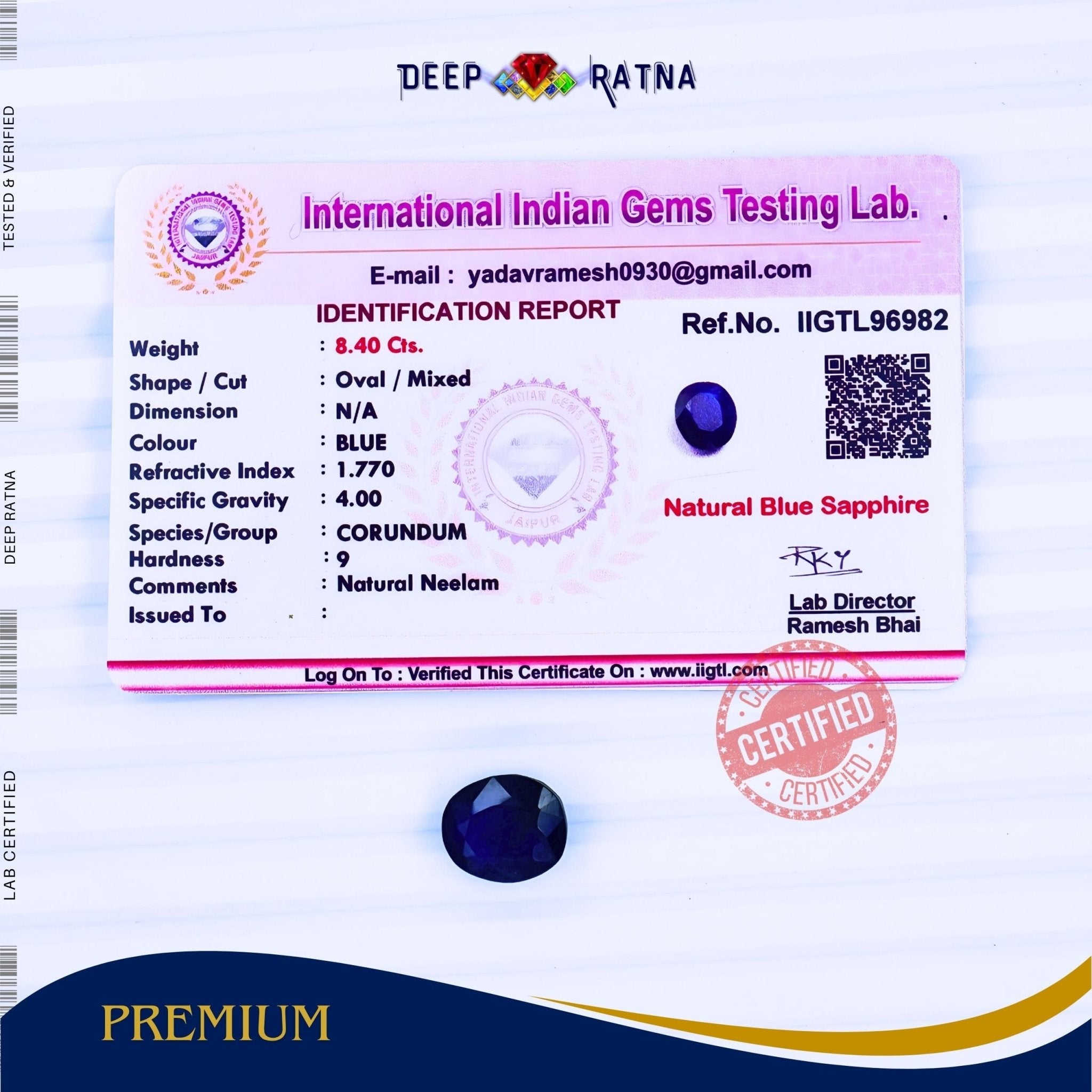 Blue Sapphire 8.40 Carat (Thailand) - Deep Ratna