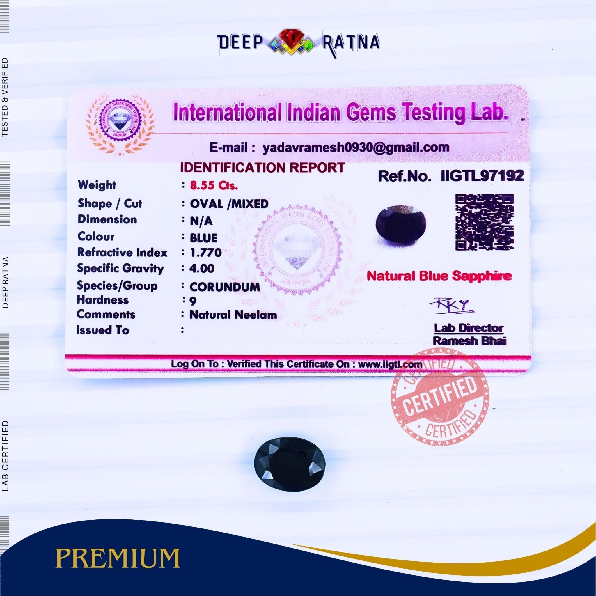 Blue Sapphire 8.55 Carat (Thailand) - Deep Ratna