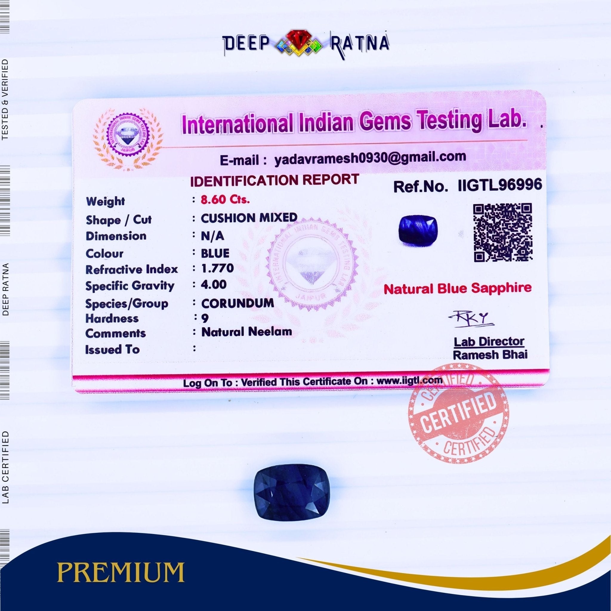 Blue Sapphire 8.60 Carat (Thailand) - Deep Ratna