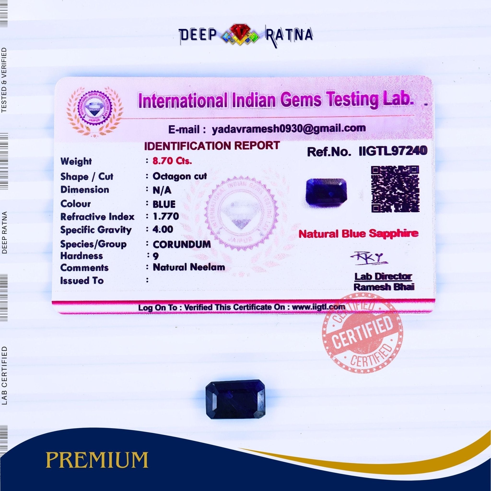 Blue Sapphire 8.70 Carat (Thailand) - Deep Ratna