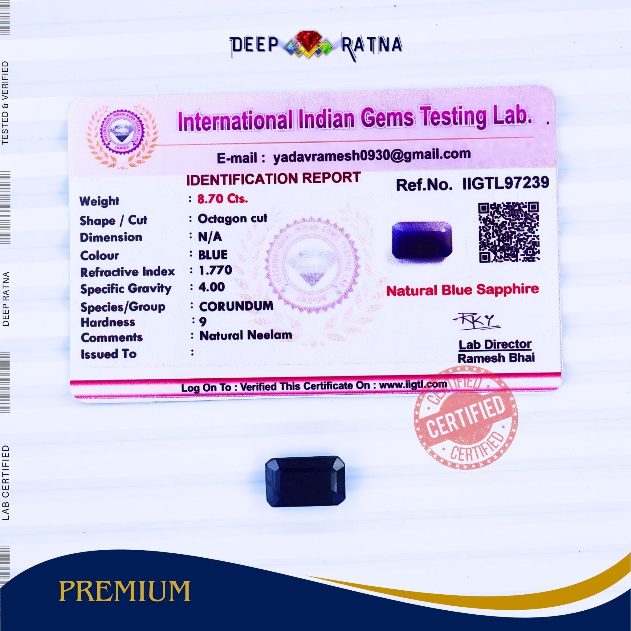 Blue Sapphire 8.70 Carat (Thailand) - Deep Ratna