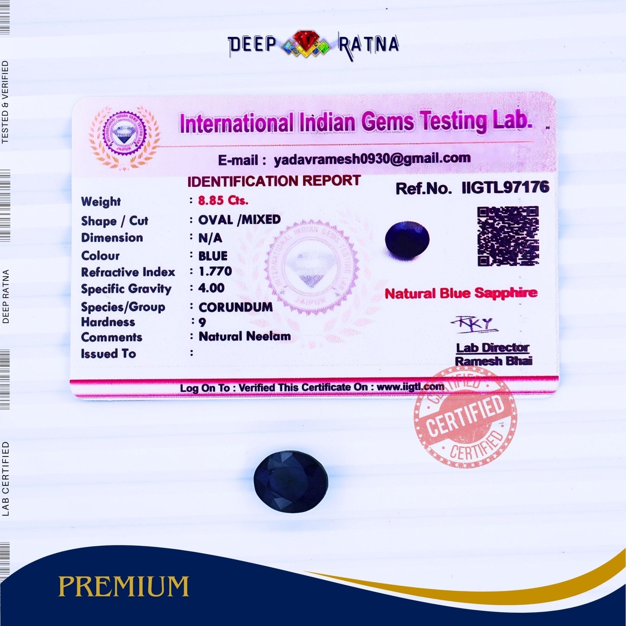 Blue Sapphire 8.85 Carat (Thailand) - Deep Ratna