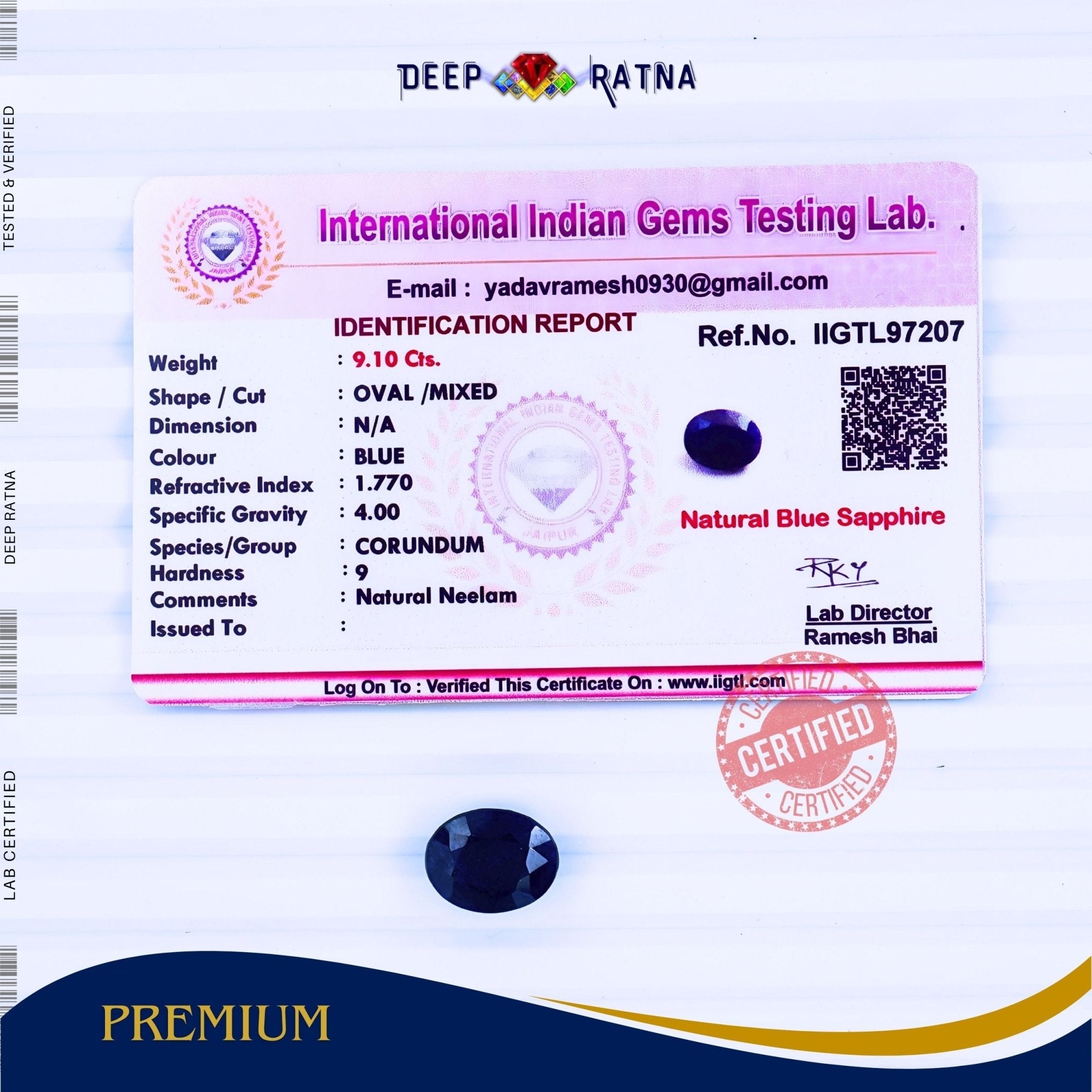 Blue Sapphire 9.10 Carat (Thailand) - Deep Ratna