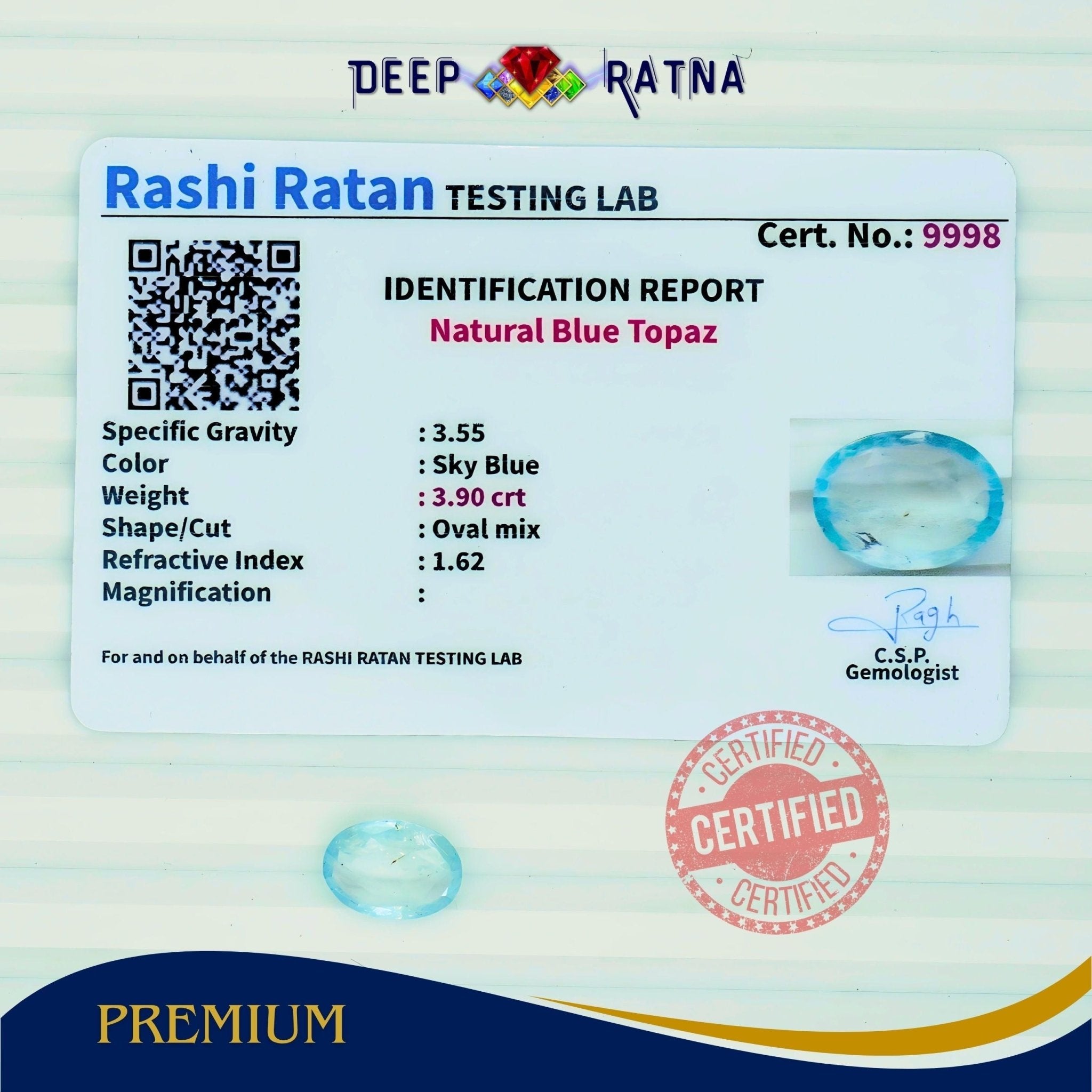 Blue Topaz 3.90 Carat (4.29 Ratti) Exclusive - Deep Ratna