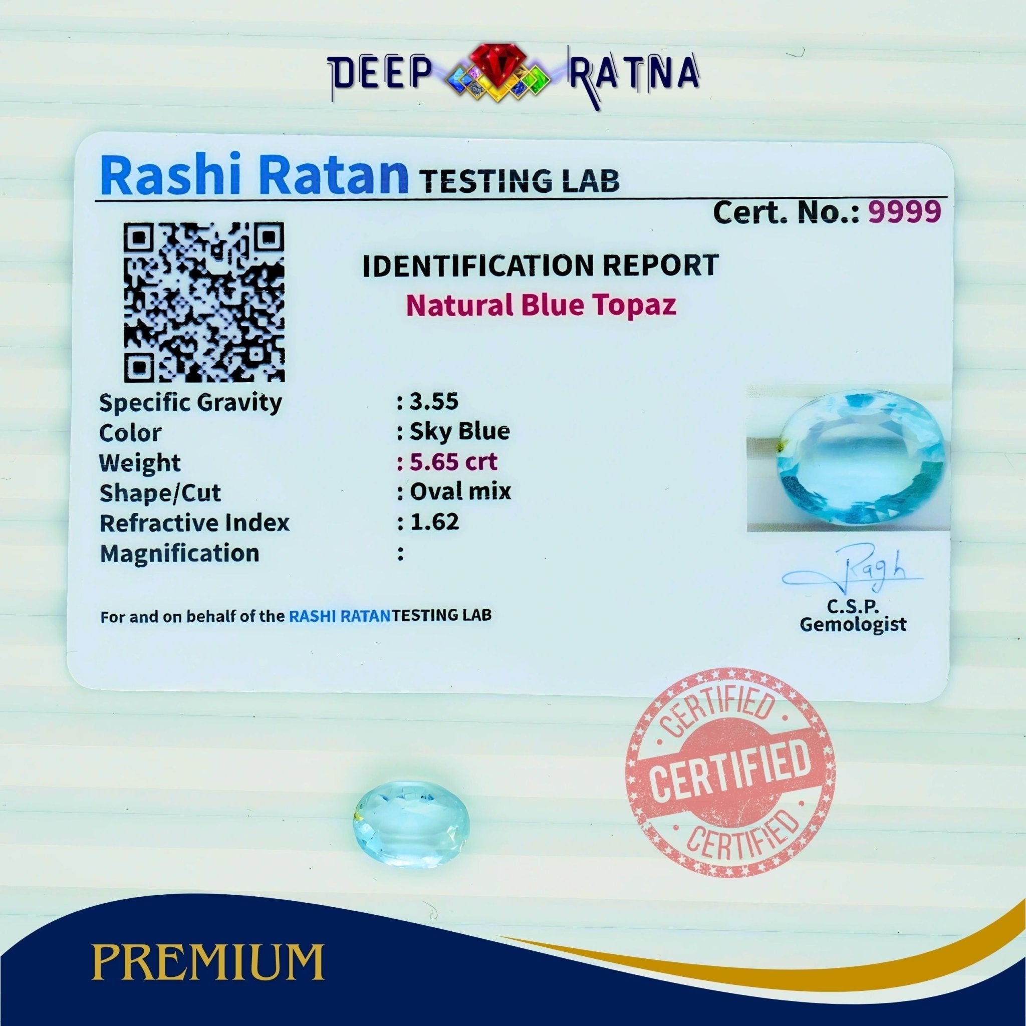 Blue Topaz 5.65 Carat (6.21 Ratti) Exclusive - Deep Ratna