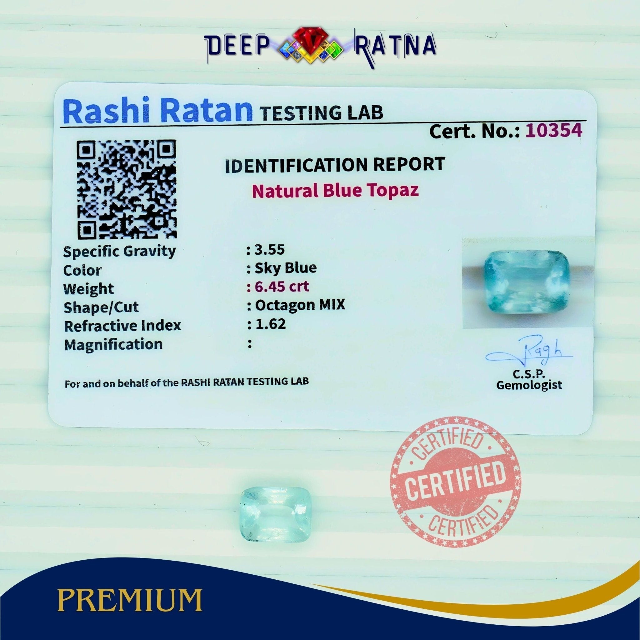 Blue Topaz 6.45 Carat (7.09 Ratti) Exclusive - Deep Ratna