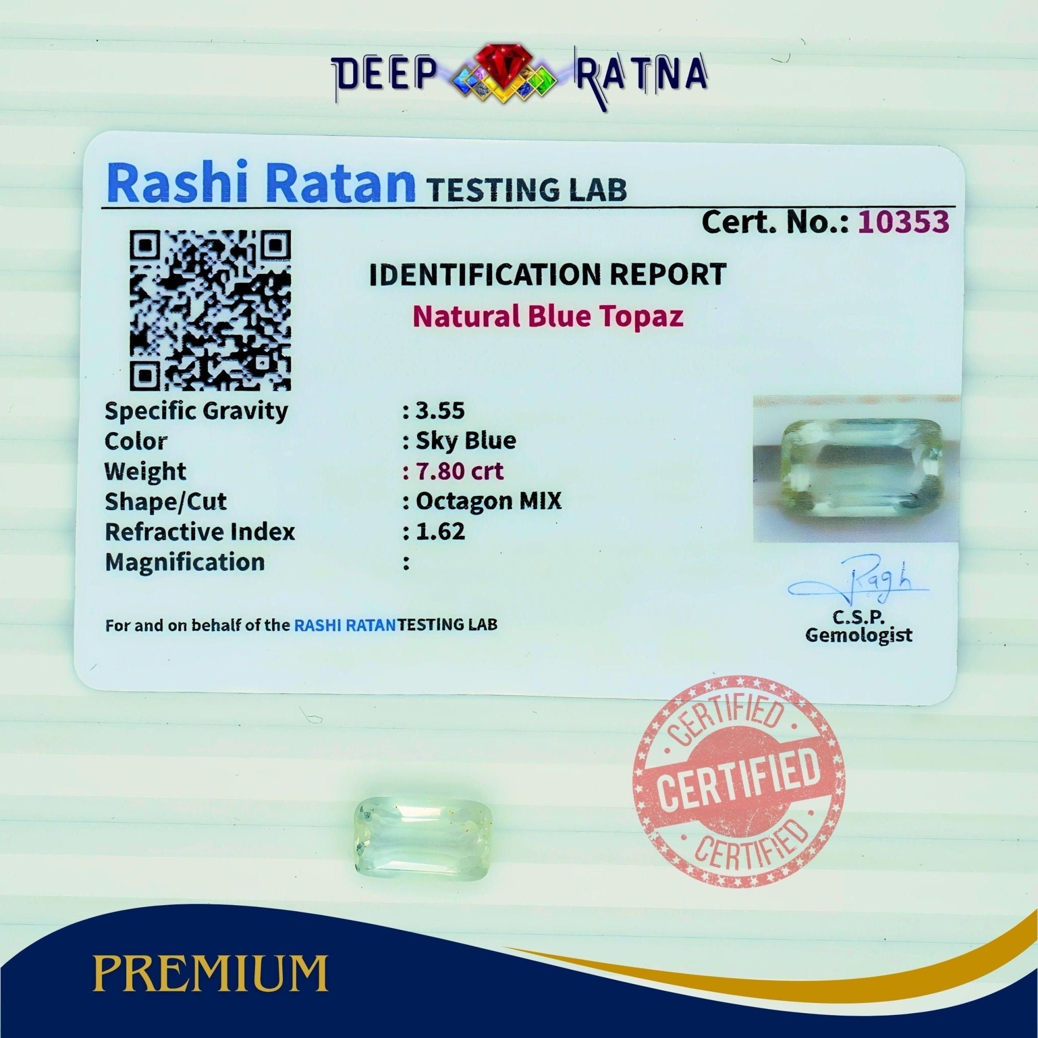 Blue Topaz 7.80 Carat (8.58 Ratti) Exclusive - Deep Ratna
