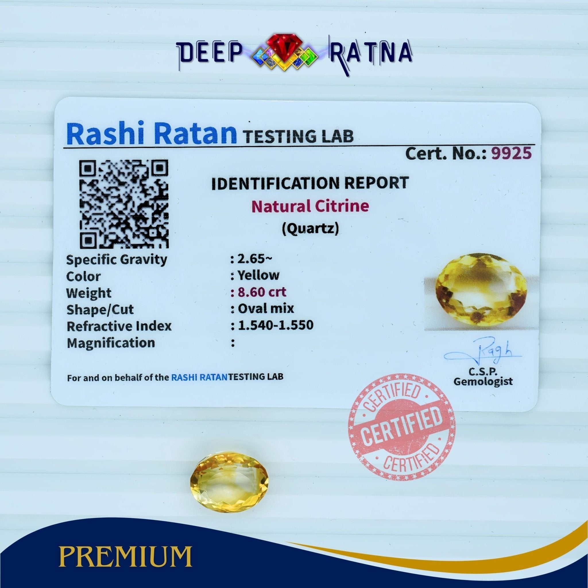 Citrine 8.60 Carat (Brazil) - Deep Ratna