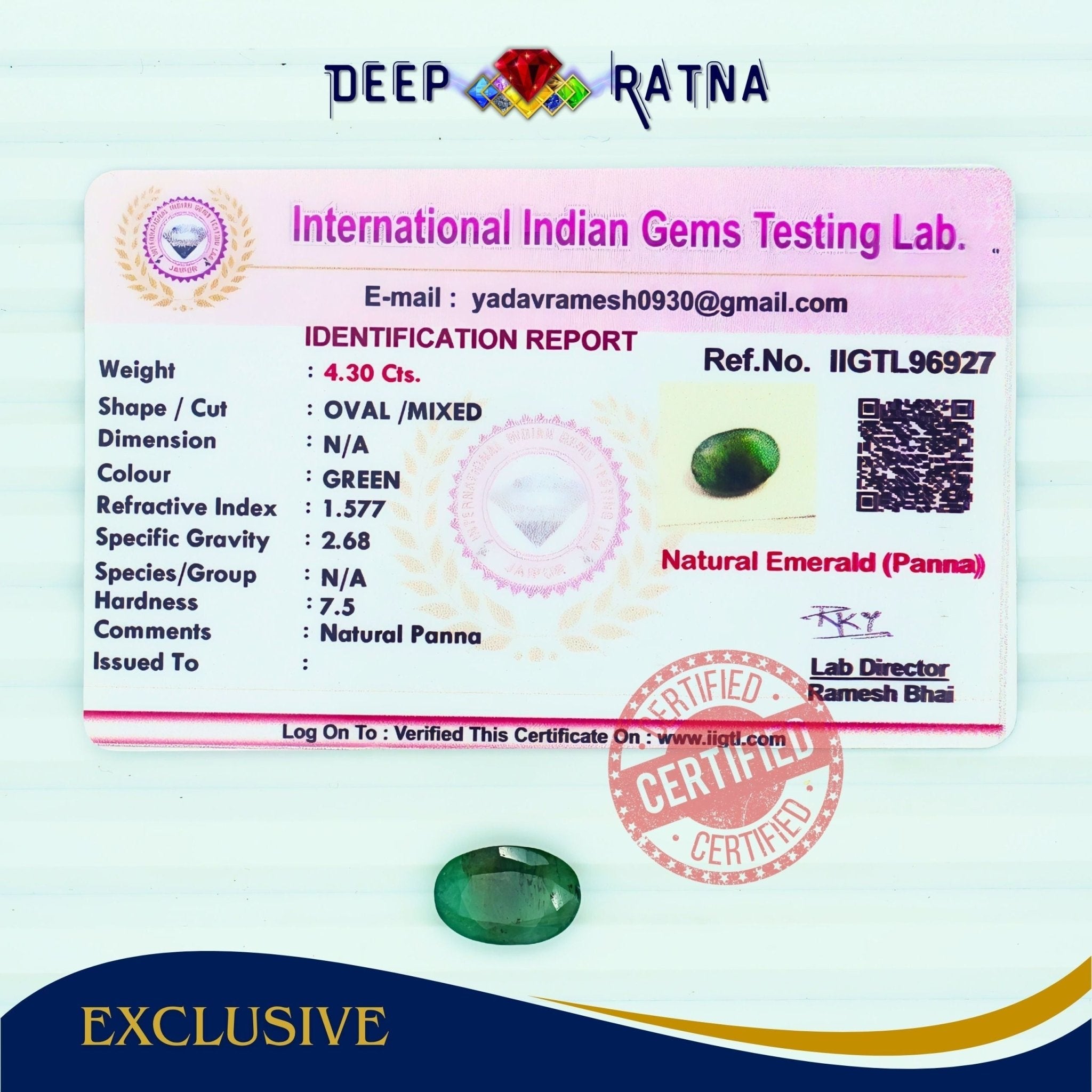 Emerald 4.30 Carat (Zambia) - Deep Ratna