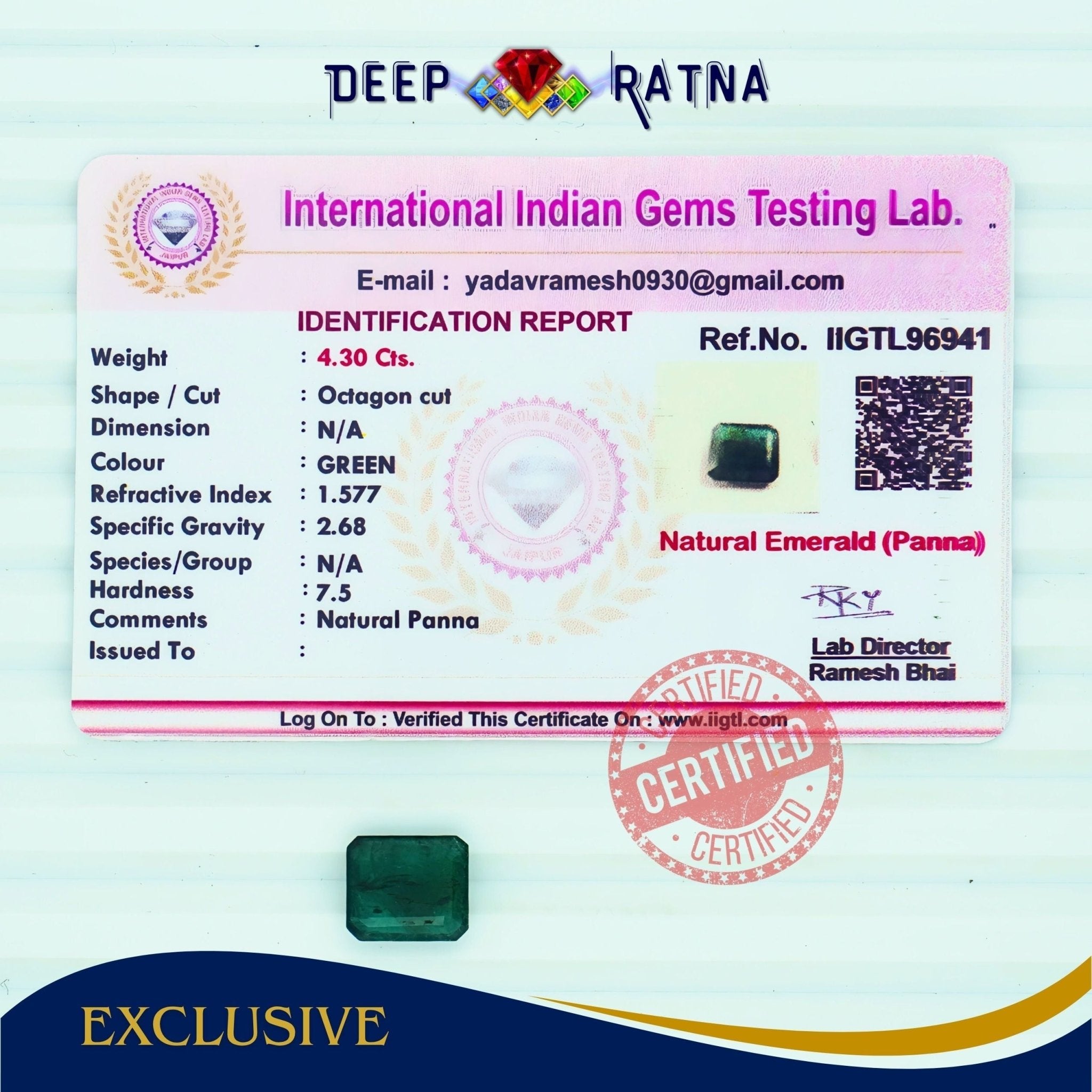 Emerald 4.30 Carat (Zambia) - Deep Ratna