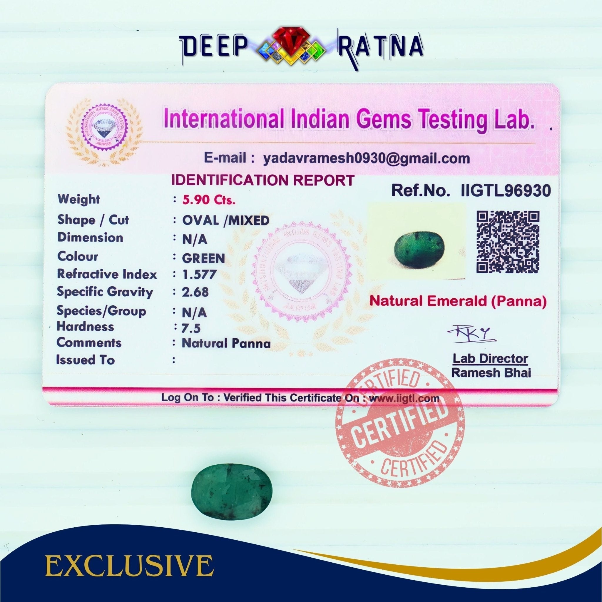 Emerald 5.90 Carat (Zambia) - Deep Ratna