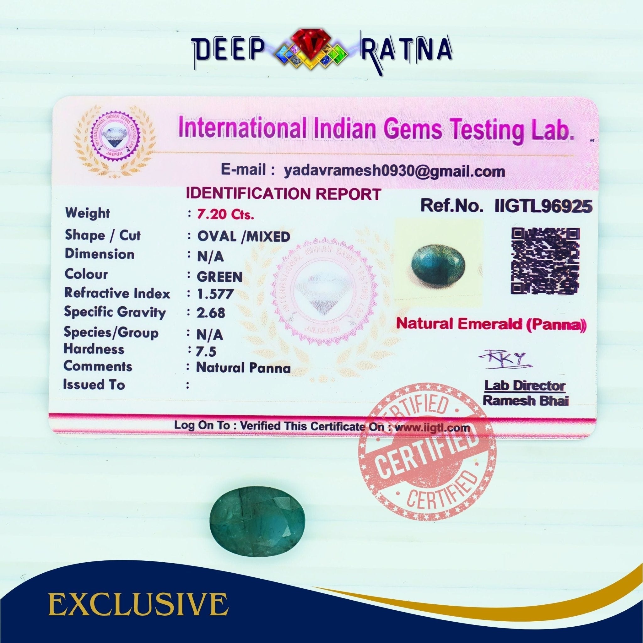 Emerald 7.20 Carat (Zambia) - Deep Ratna