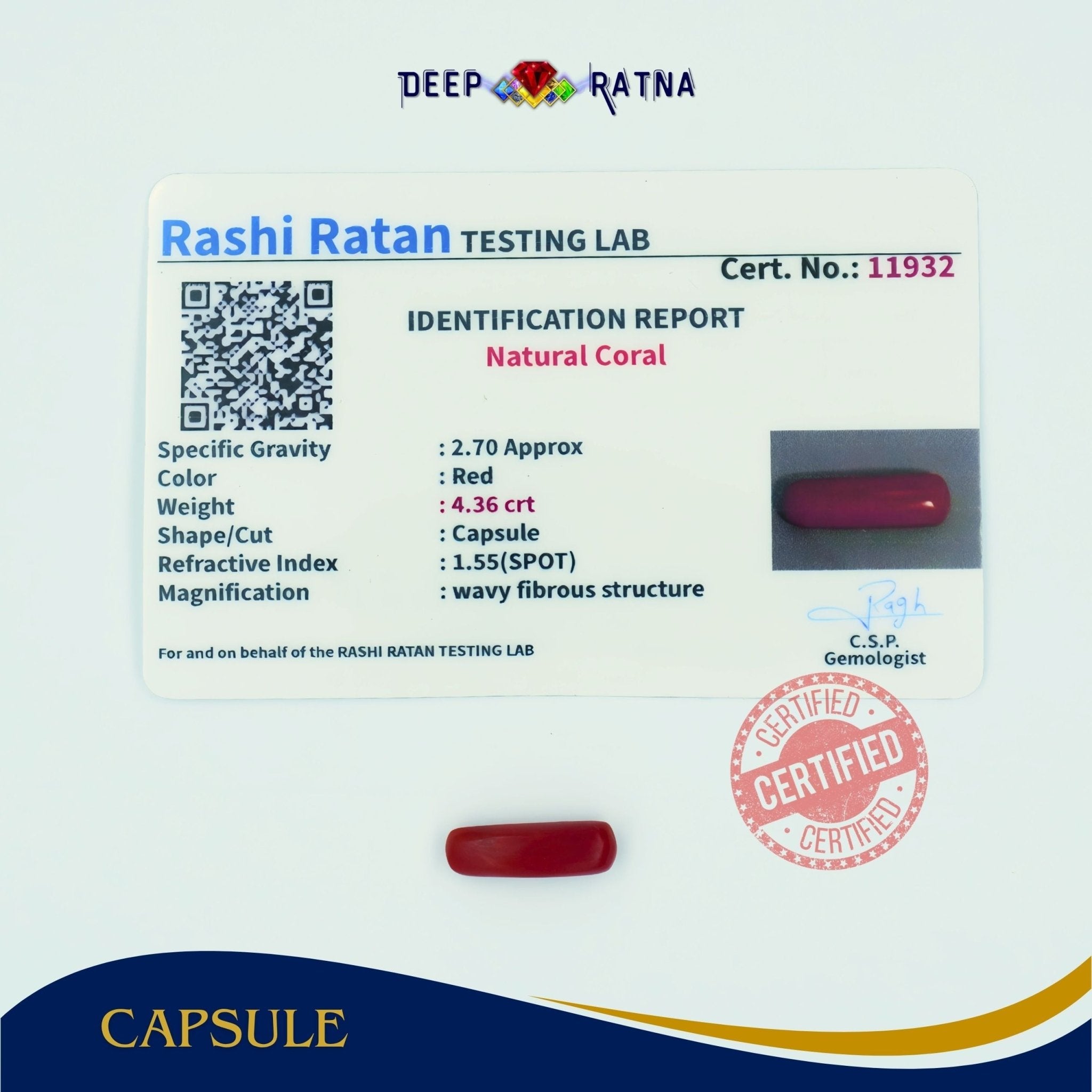 Red Coral 4.36 Carat (Italian) - Deep Ratna