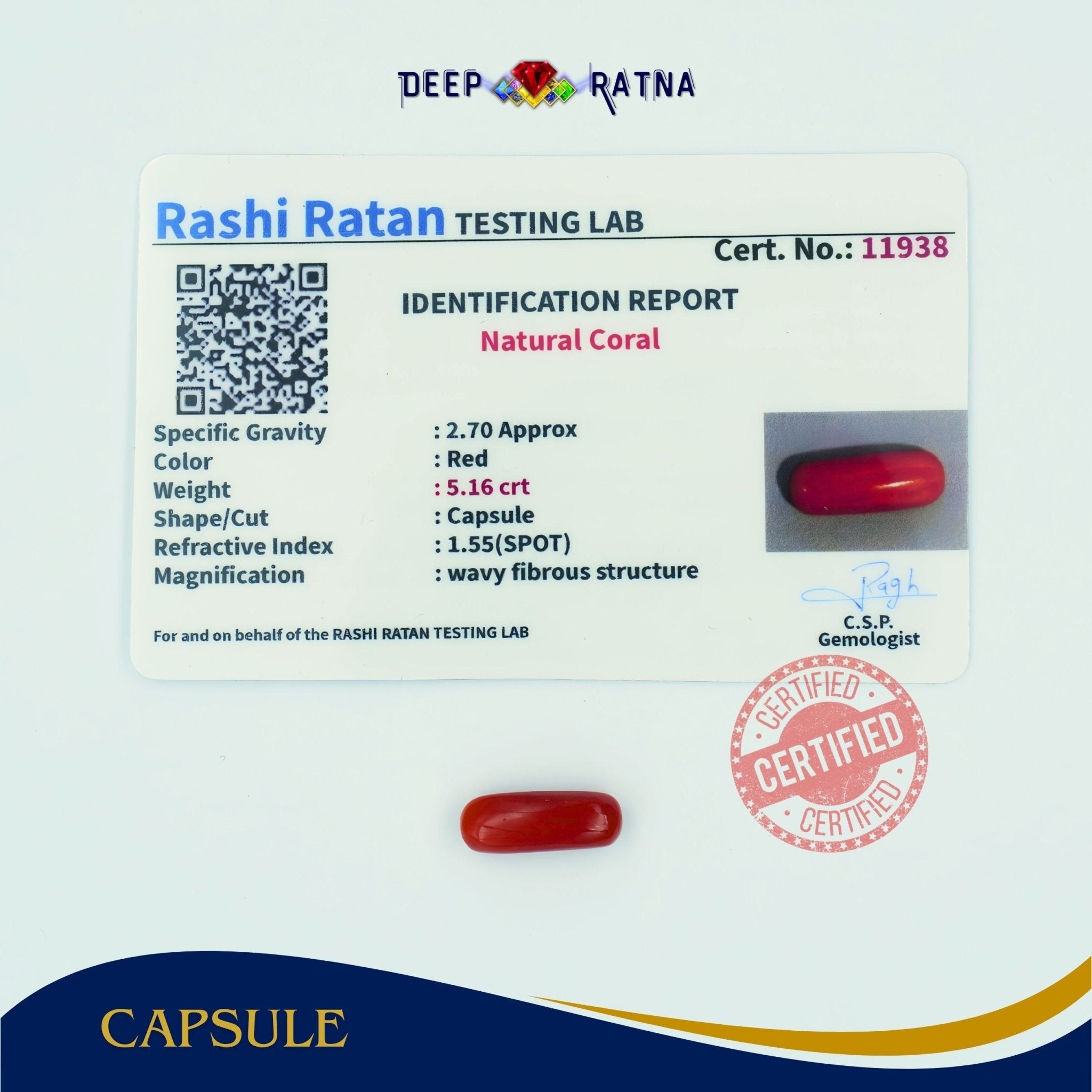 Red Coral 5.16 Carat (Italian) - Deep Ratna
