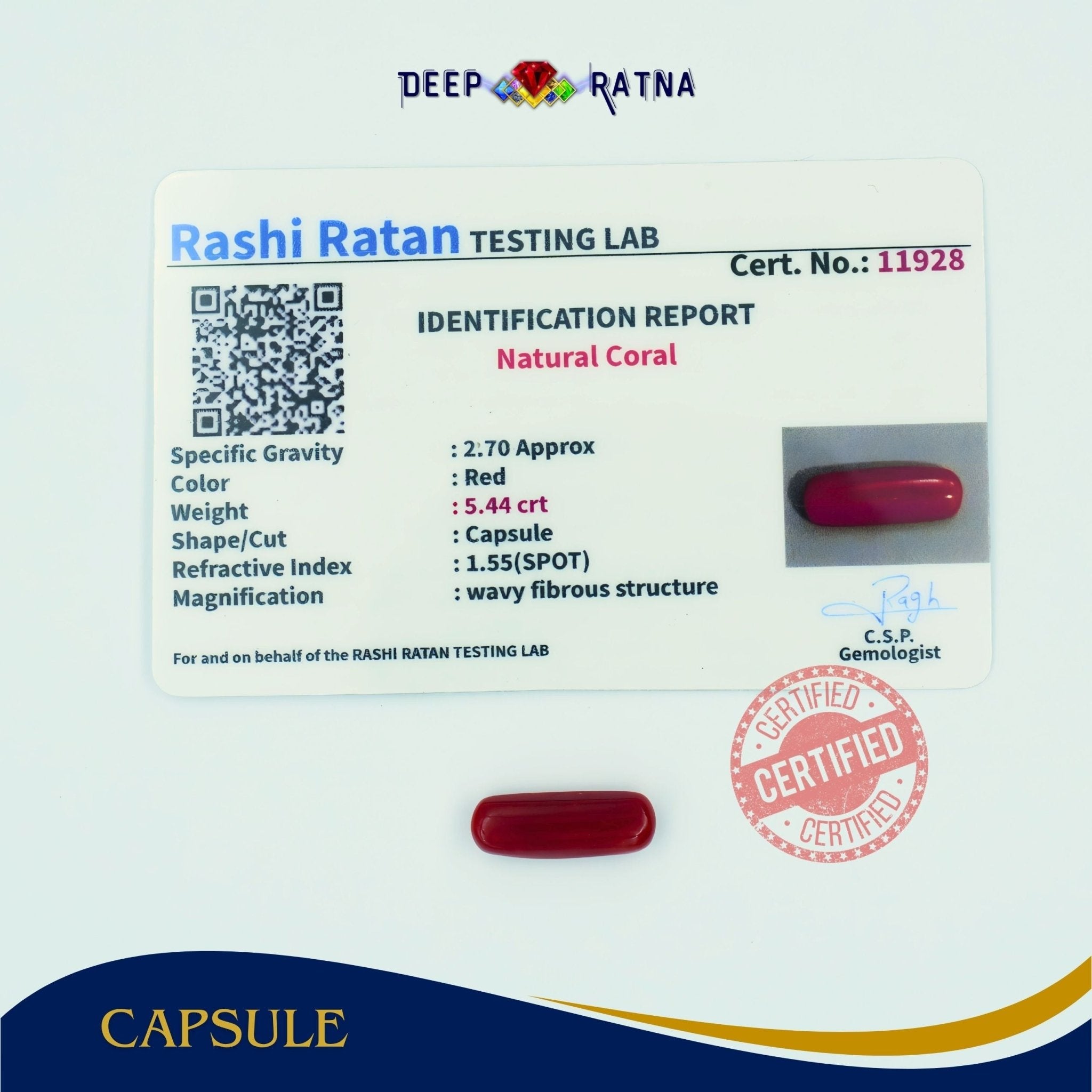 Red Coral 5.44 Carat (Italian) - Deep Ratna