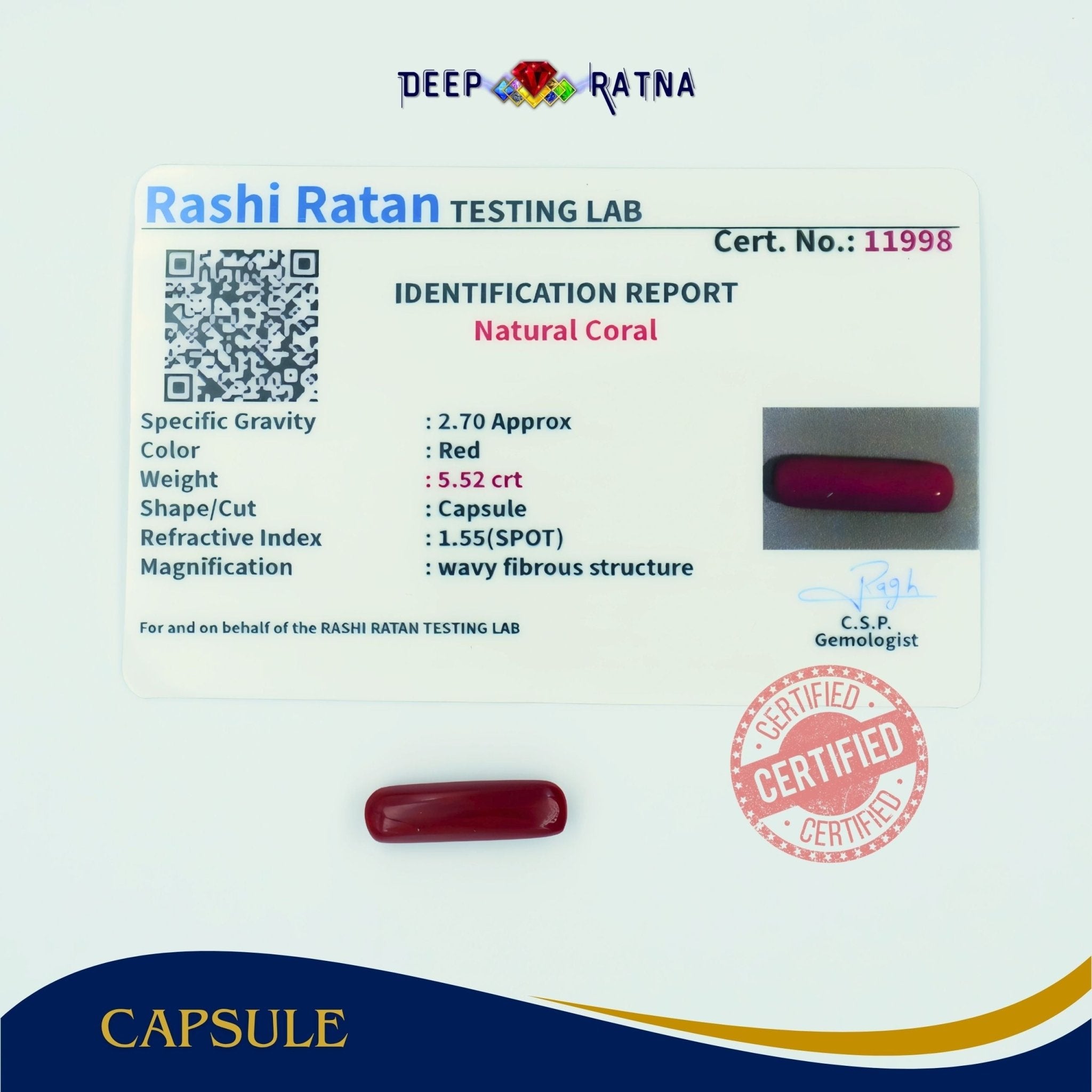 Red Coral 5.52 Carat (Italian) - Deep Ratna
