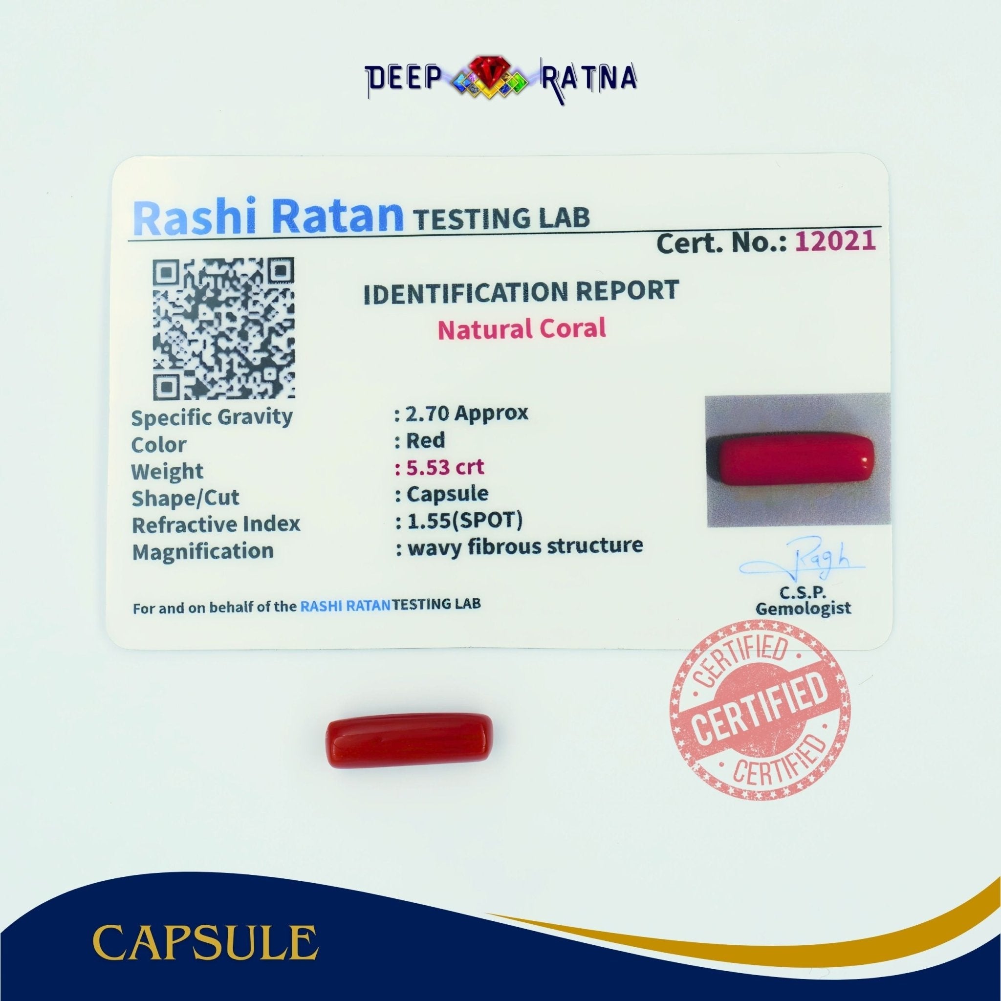Red Coral 5.53 Carat (Italian) - Deep Ratna