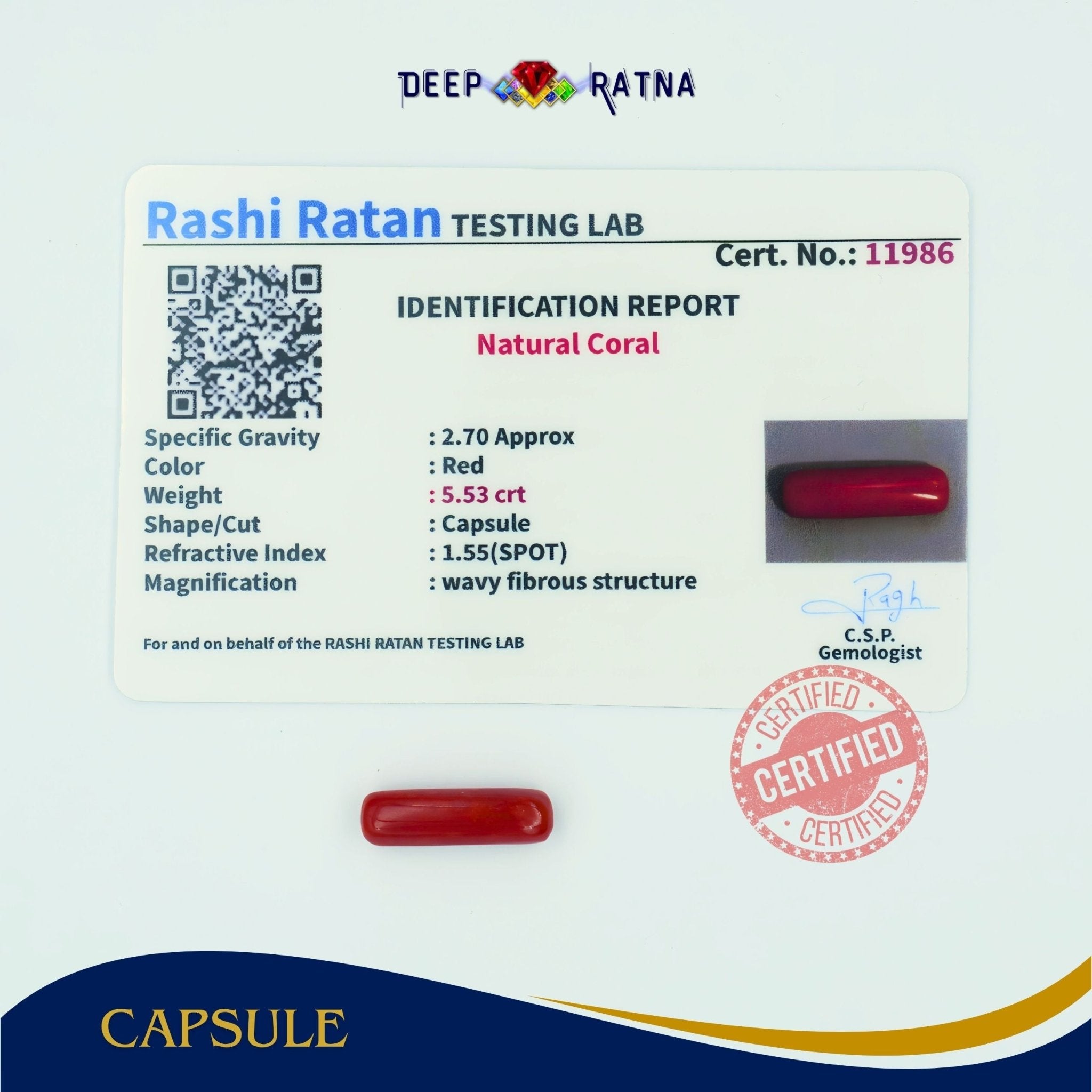 Red Coral 5.53 Carat (Italian) - Deep Ratna