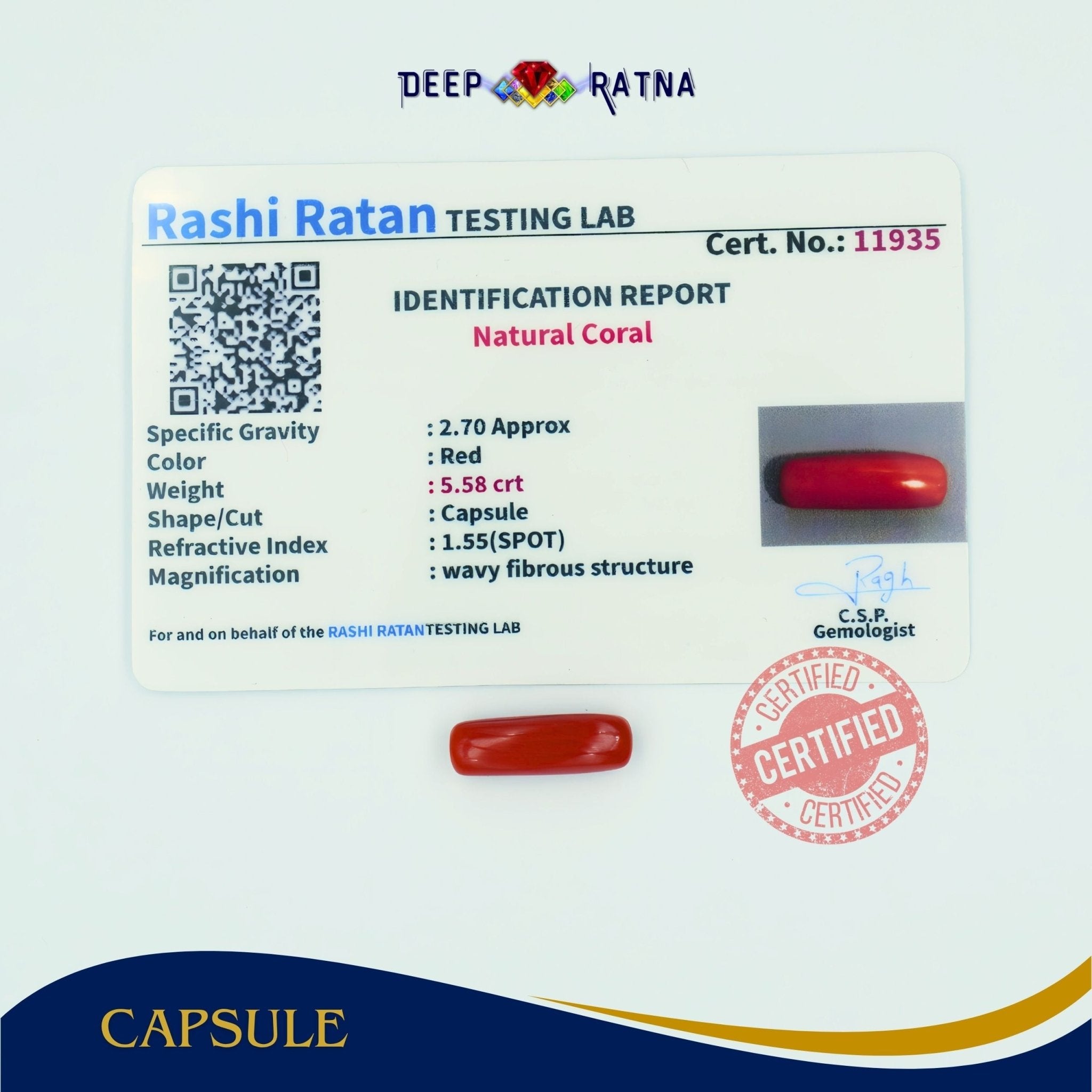 Red Coral 5.58 Carat (Italian) - Deep Ratna