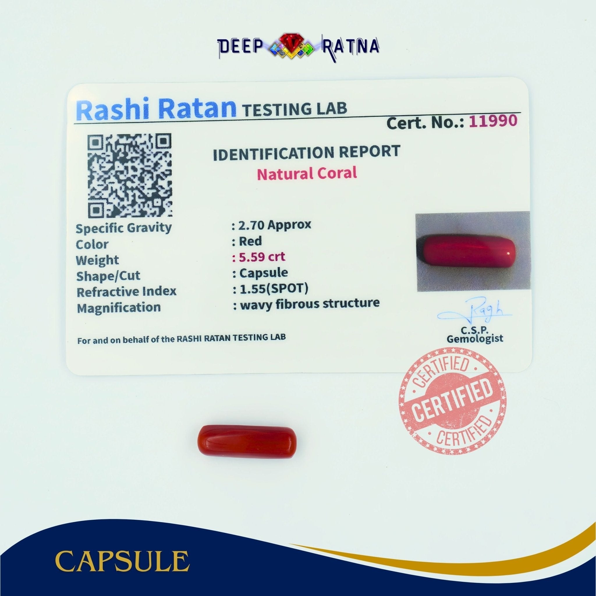 Red Coral 5.59 Carat (Italian) - Deep Ratna