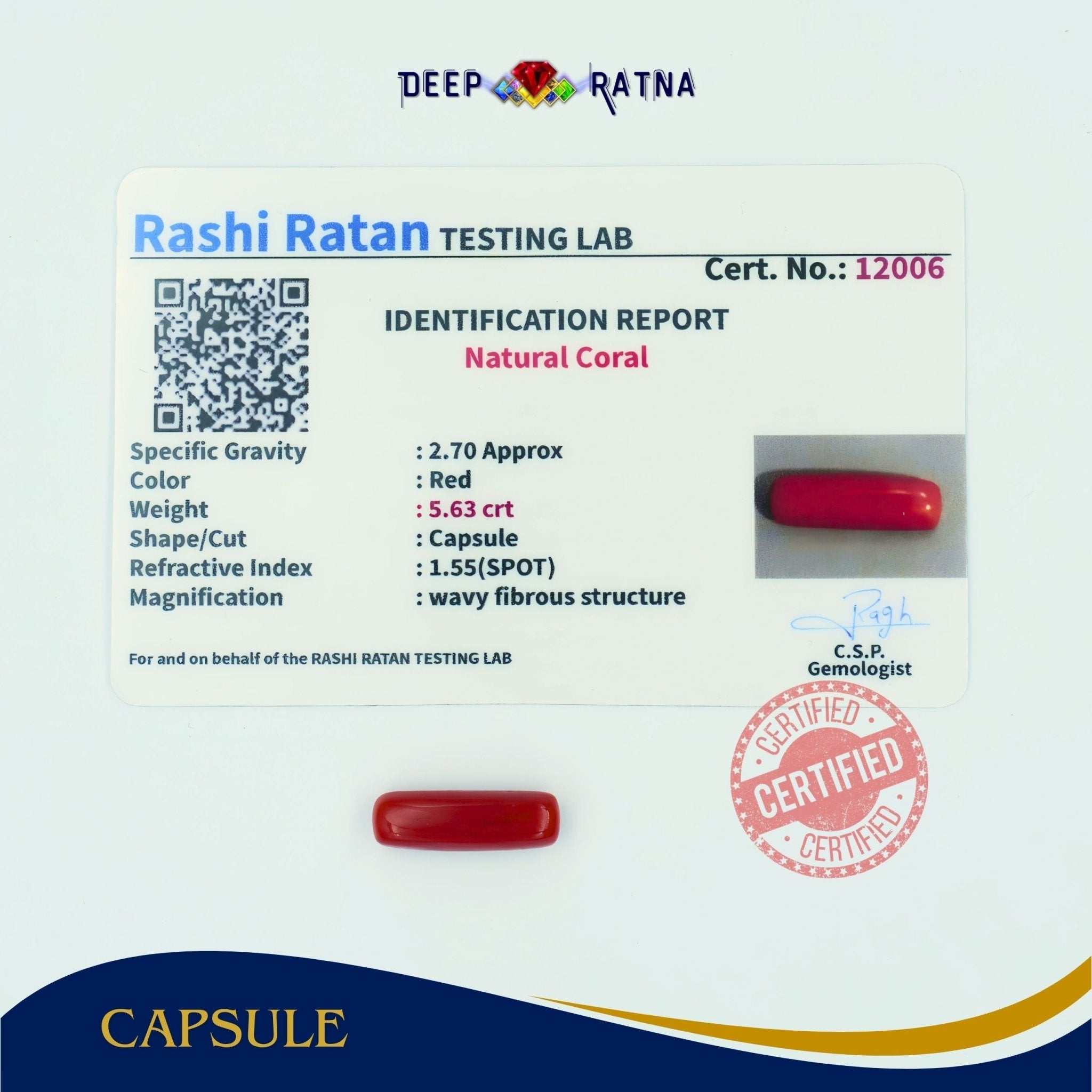 Red Coral 5.63 Carat (Italian) - Deep Ratna