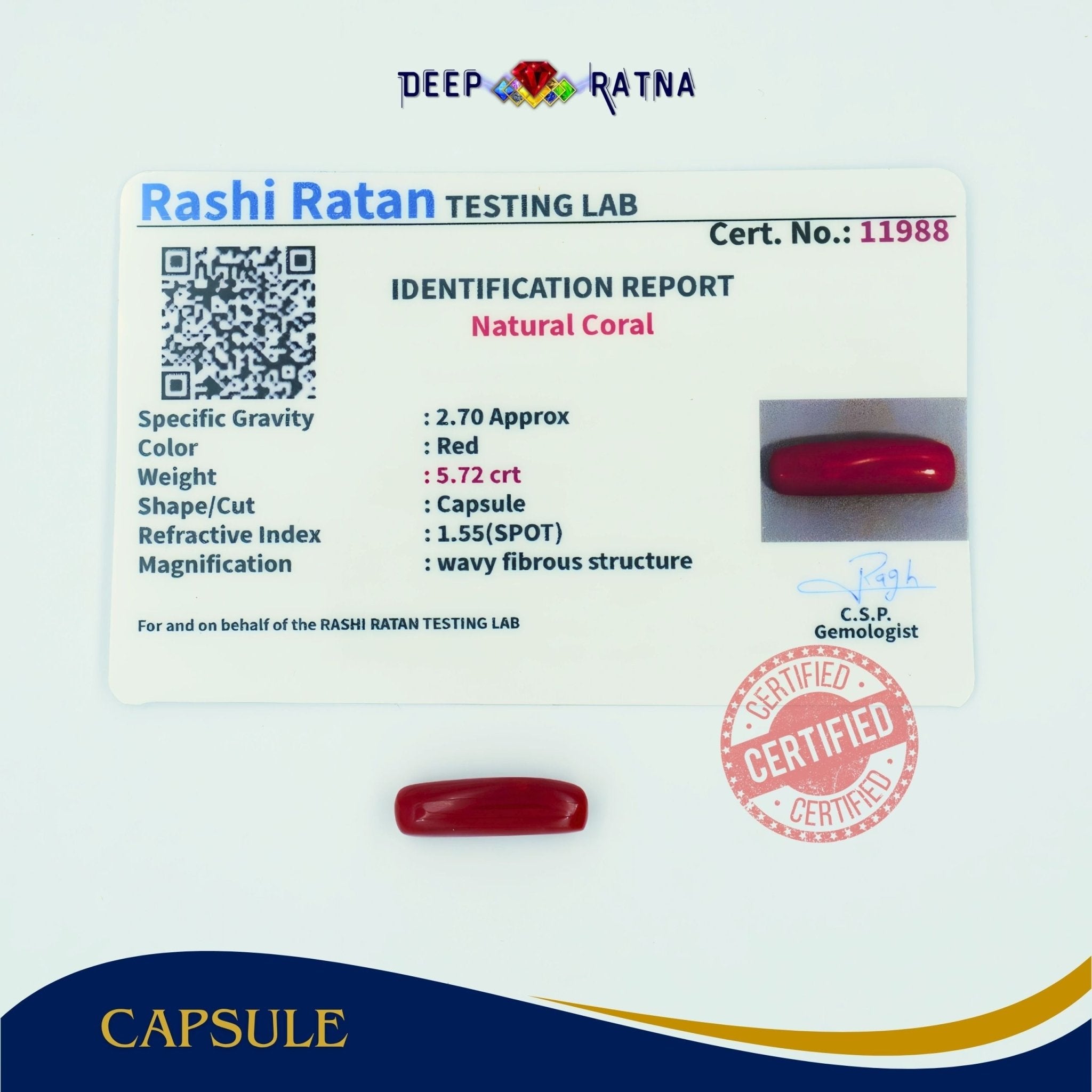 Red Coral 5.72 Carat (Italian) - Deep Ratna