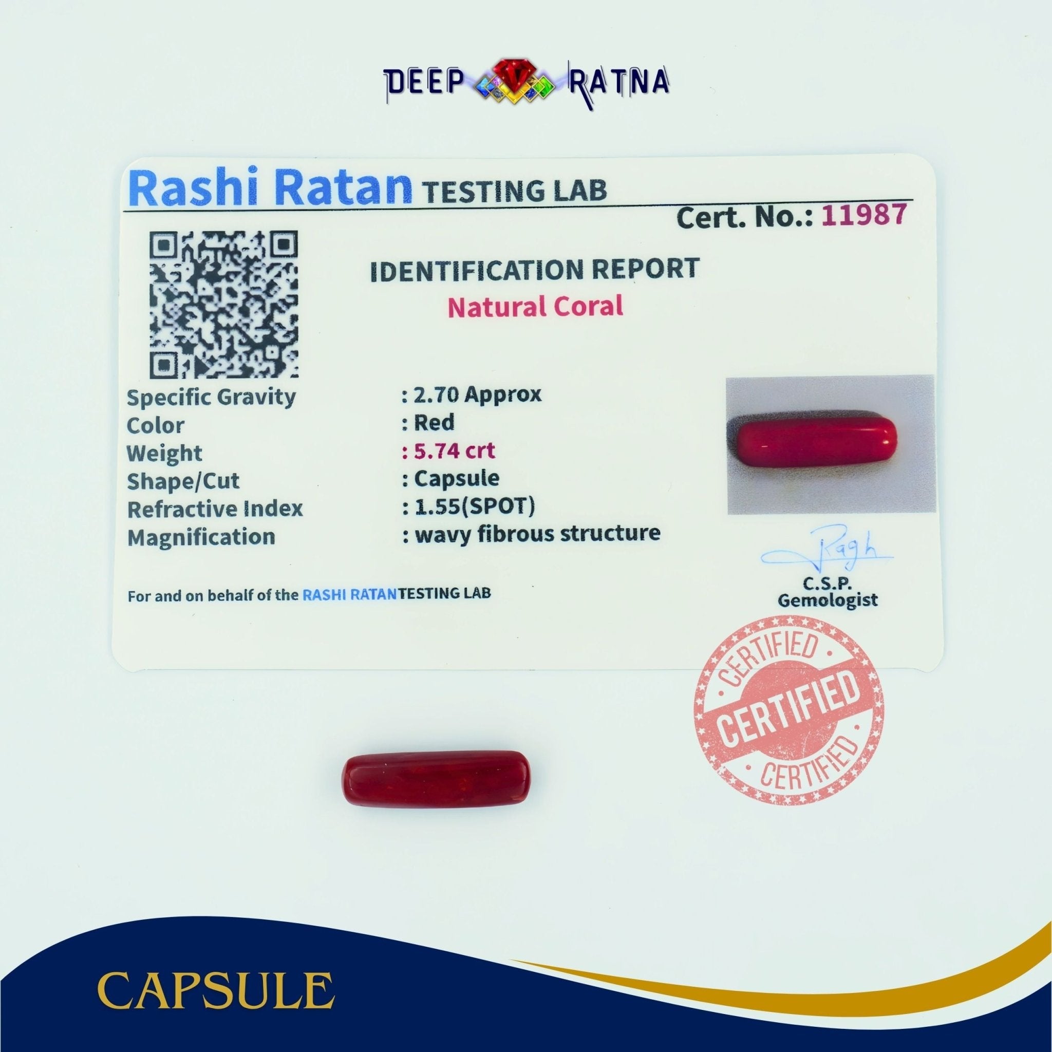Red Coral 5.74 Carat (Italian) - Deep Ratna