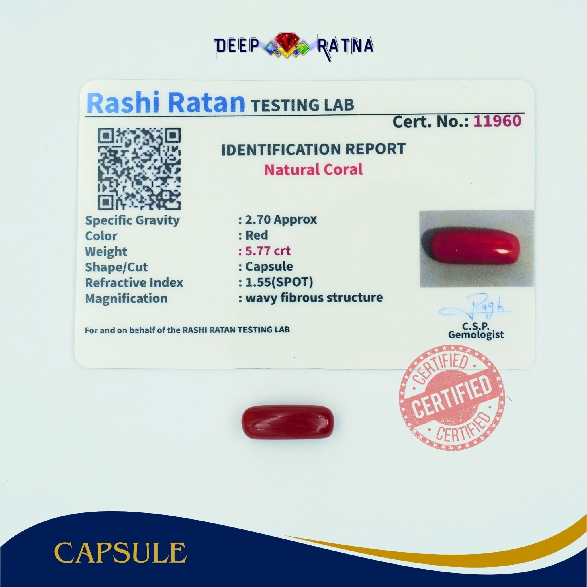 Red Coral 5.77 Carat (Italian) - Deep Ratna
