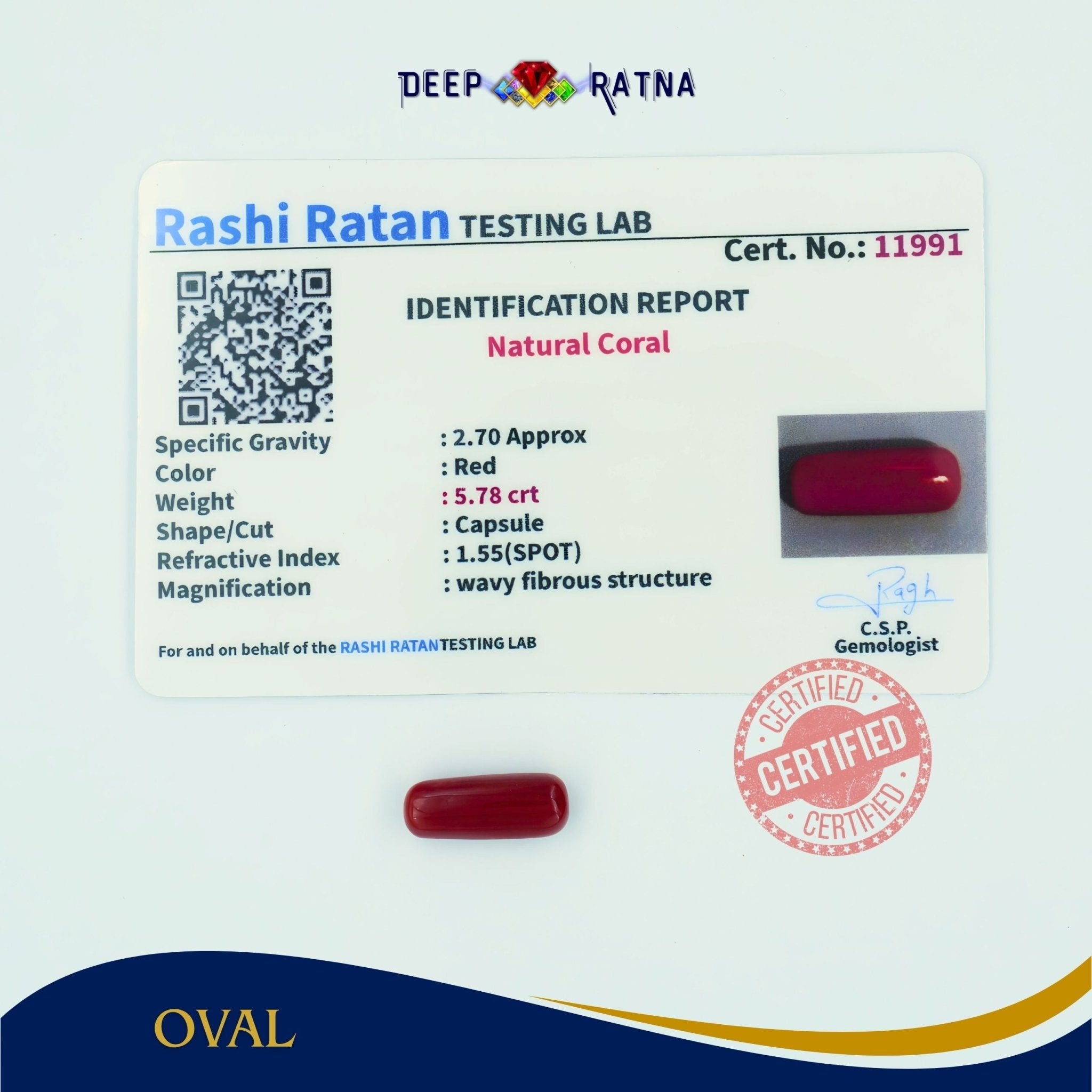 Red Coral 5.78 Carat (Italian) - Deep Ratna