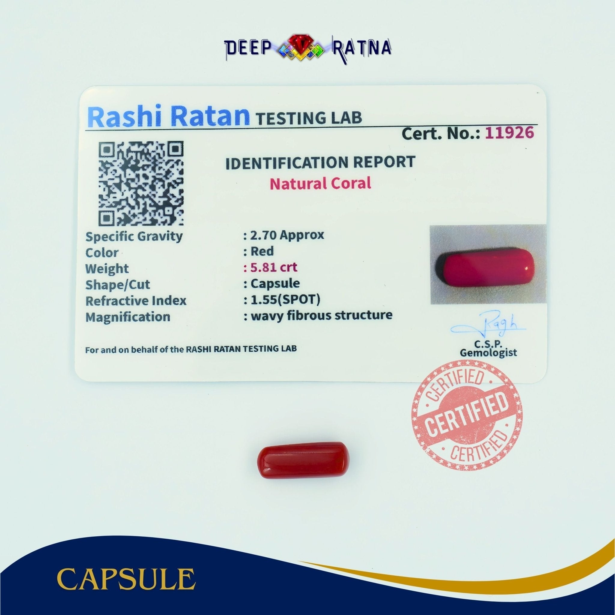 Red Coral 5.81 Carat (Italian) - Deep Ratna